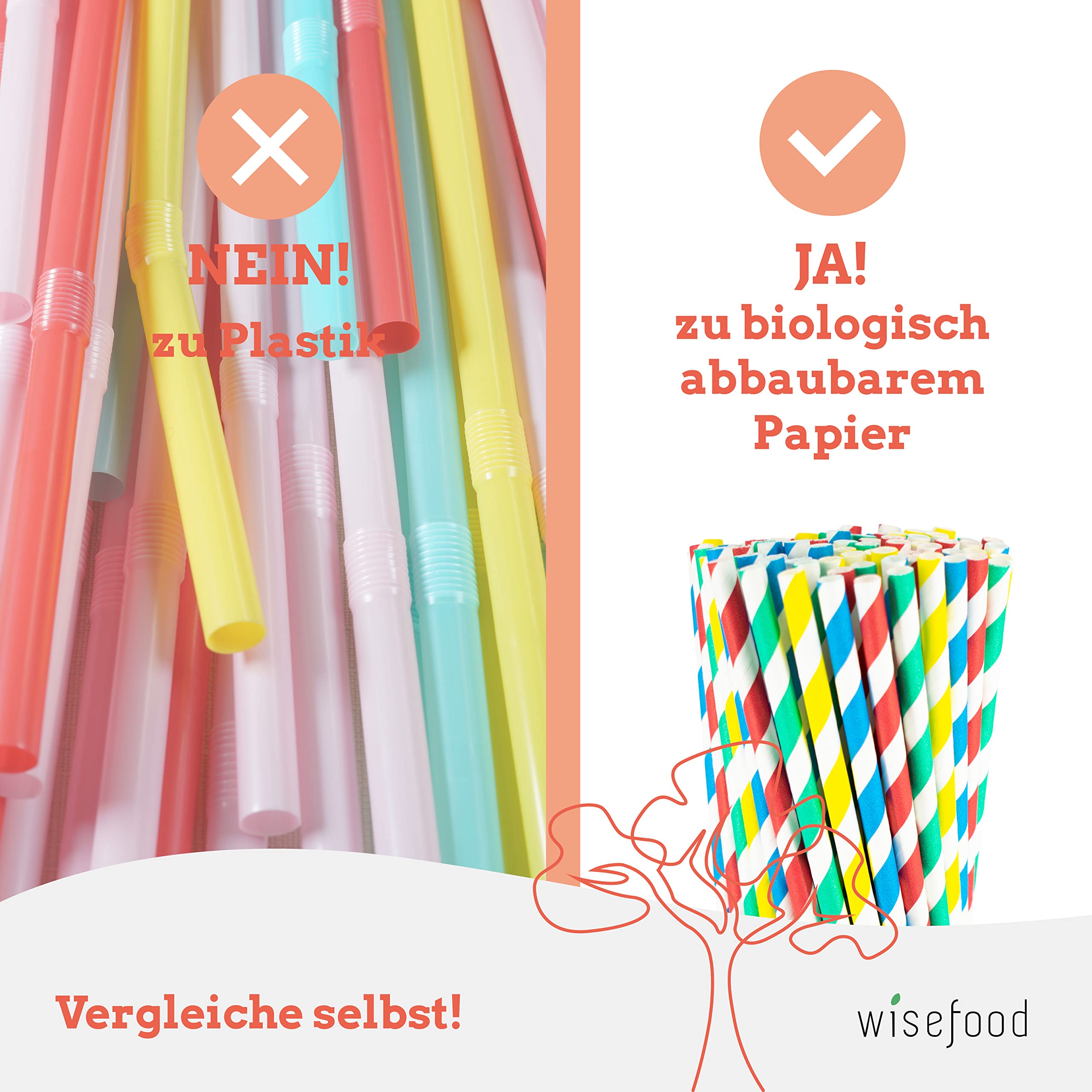 wisefood Pajitas de papel, 3600 unidades (36 x 100 unidades), multicolor, diámetro 6 mm x 20 cm, sin PLA/PE, biodegradables, de papel estable
