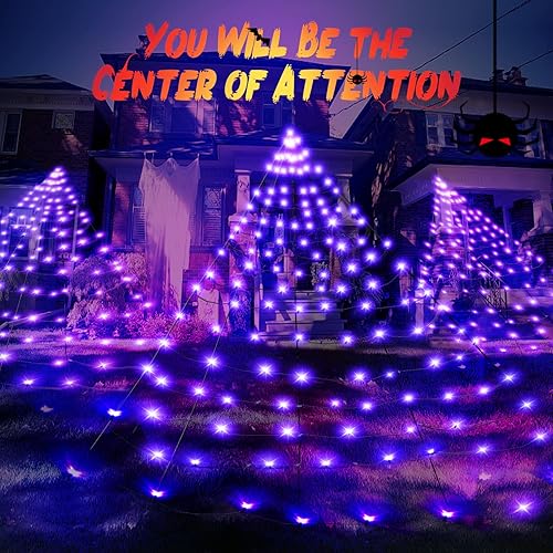 Miniatura 6 de BlcTec Luces de telaraña gigante de Halloween, 19.7 pies x 14.7 pies, tela de araña negra iluminada con 250 LED, luces de red de Halloween de