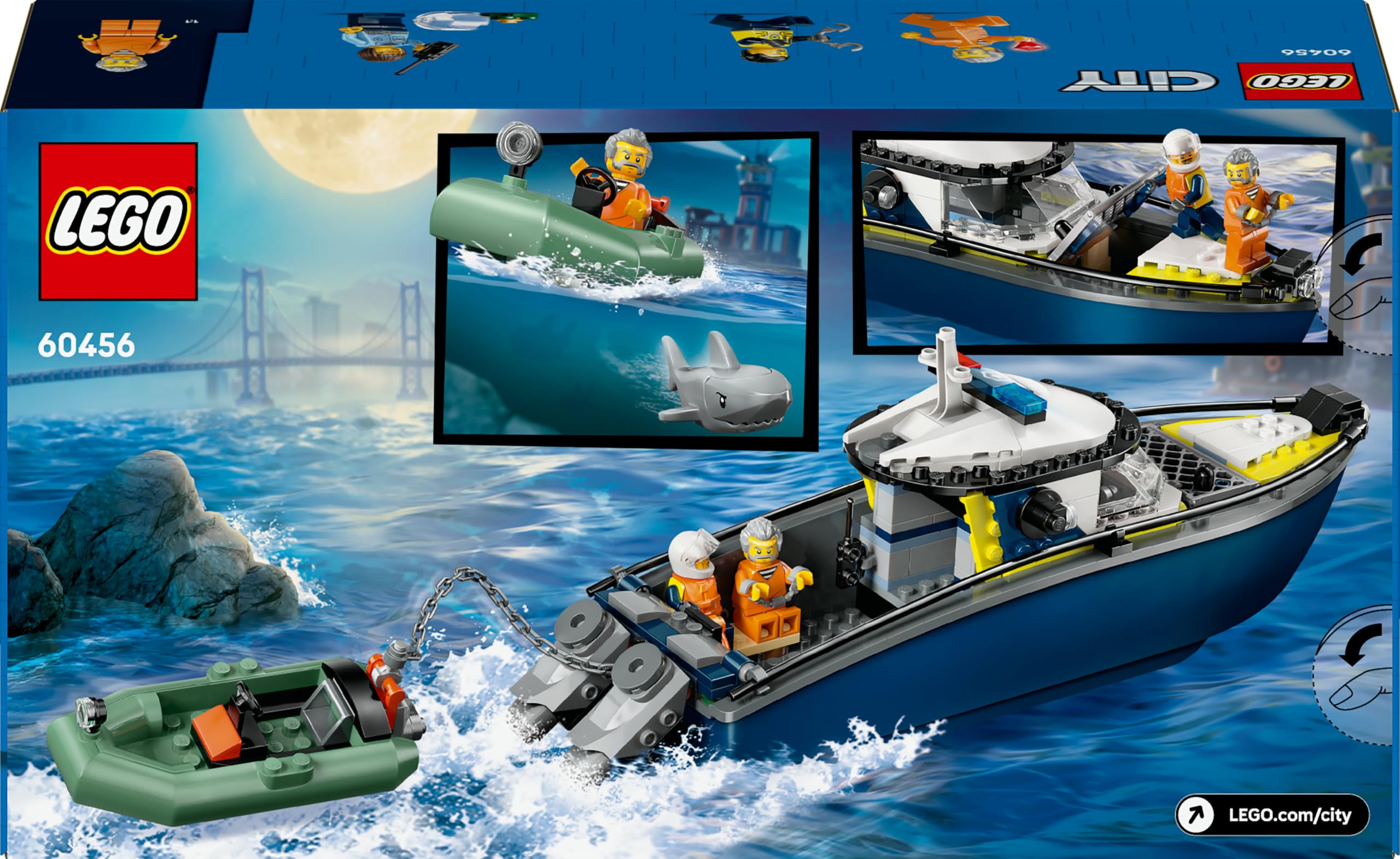 LEGO City Persecución en Barco de Policía - Juego Policial con 2 Barcos de Juguete, 3 Minifiguras y Figura de Tiburón - Regalo para Niños y Niñas de 6+ Años 60456