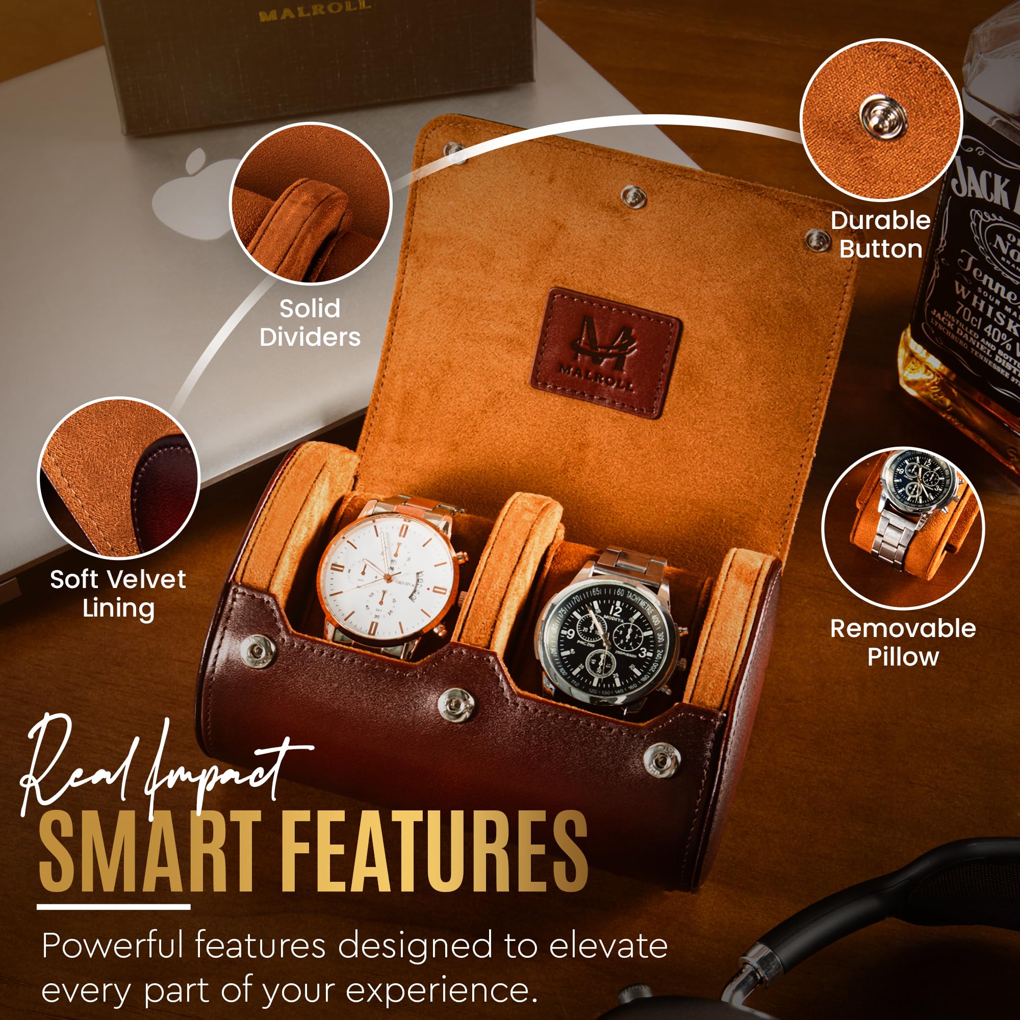 Custodia da viaggio in pelle per orologi con fodera in morbido velluto e pulsante resistente per chiusura a 3 bottoni - Il rotolo portatile per orologi può contenere e visualizzare 2 orologi