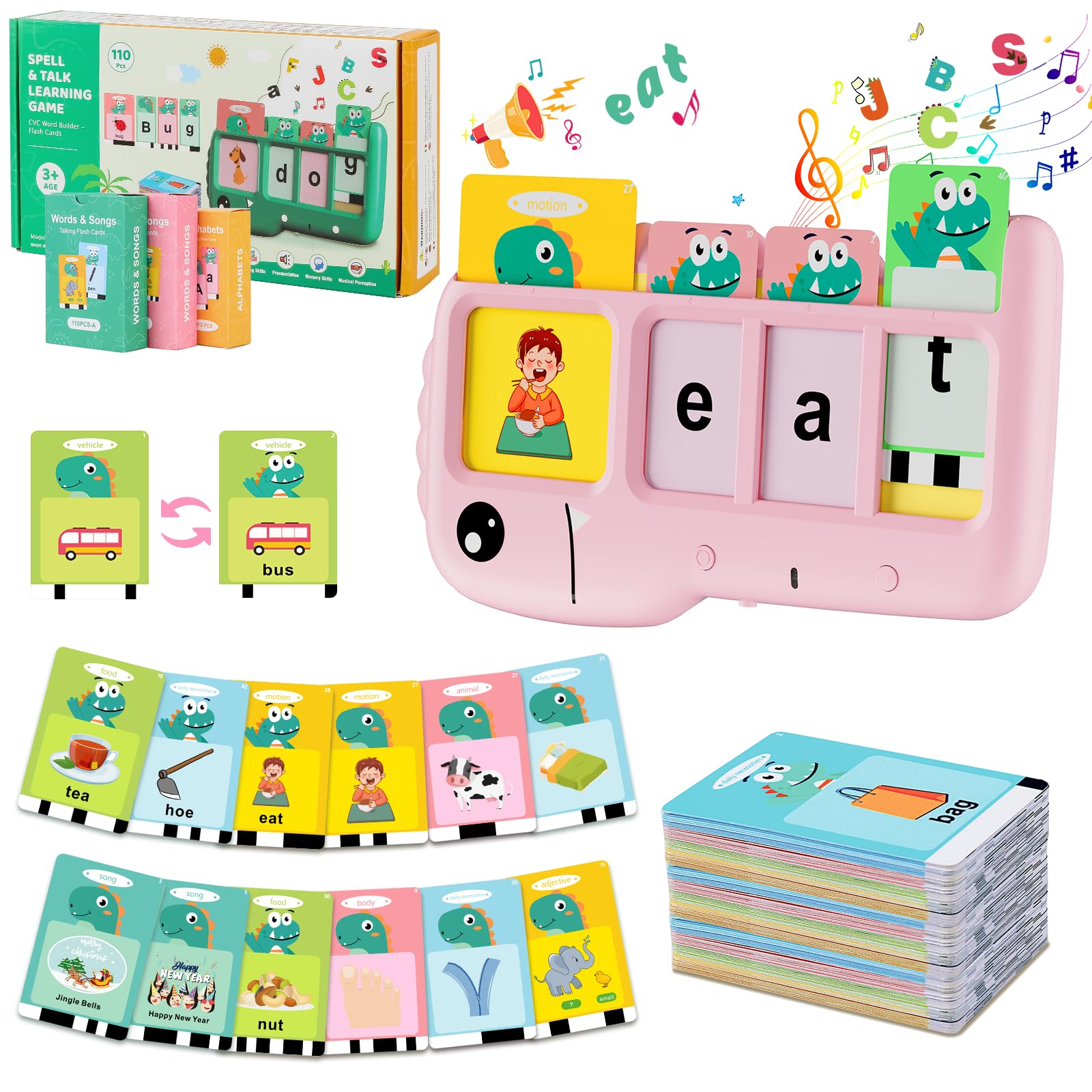 Spelling&Talking Flash Cards for Toddlers 3+ Years Old - Speech Therapy with 107 Sight Words - Sensory Toys for Kids with Autism, Alphabet Learning, Montessori Learning Toys Gift for Kids - Pink