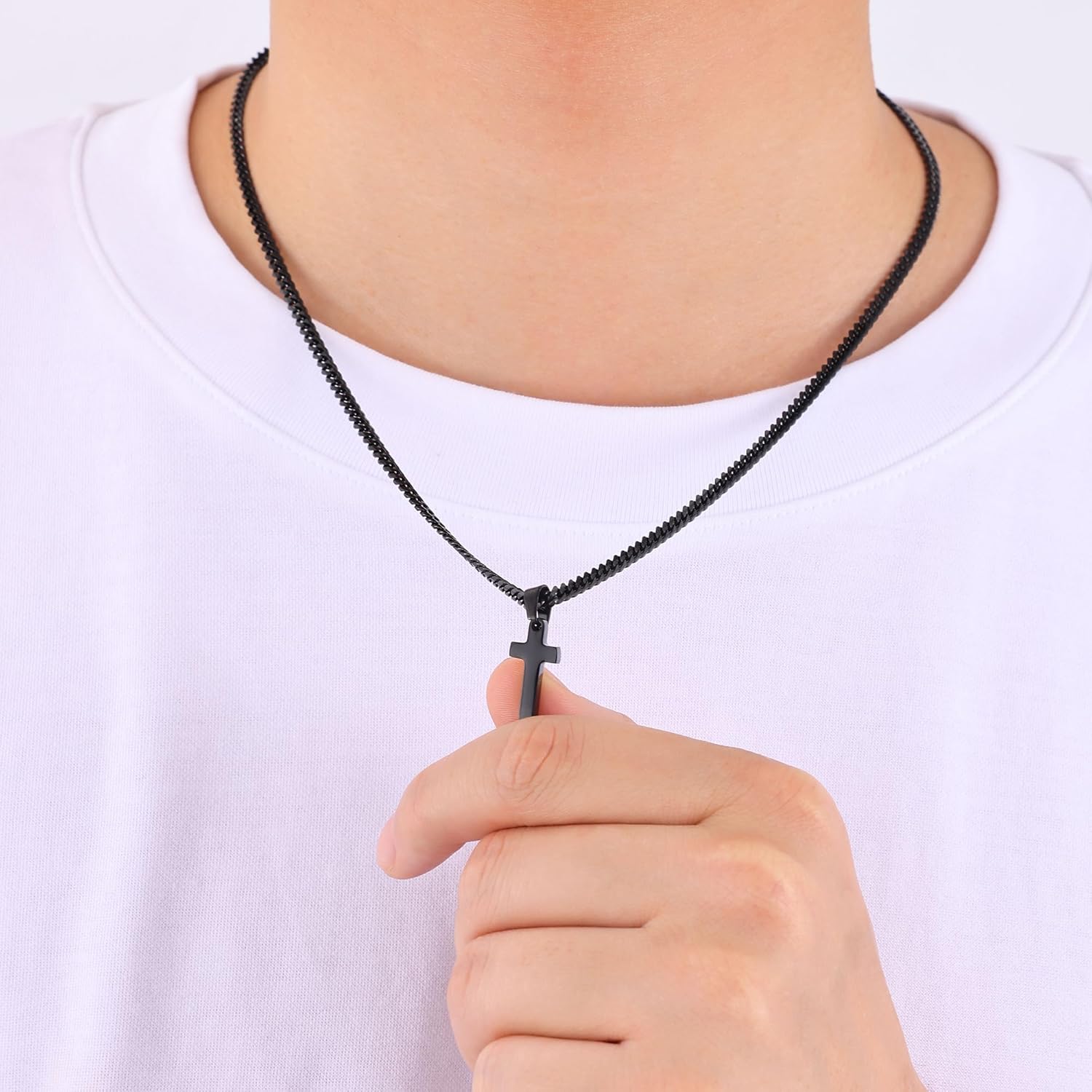 Fiusem Cross Necklace for Men, Silver Tone/Black/14K Gold Plated Mens Cross Necklaces with 3.5mm Chain and Stainless Pendant, Cuban Chain 16-24 Inches - Image 8