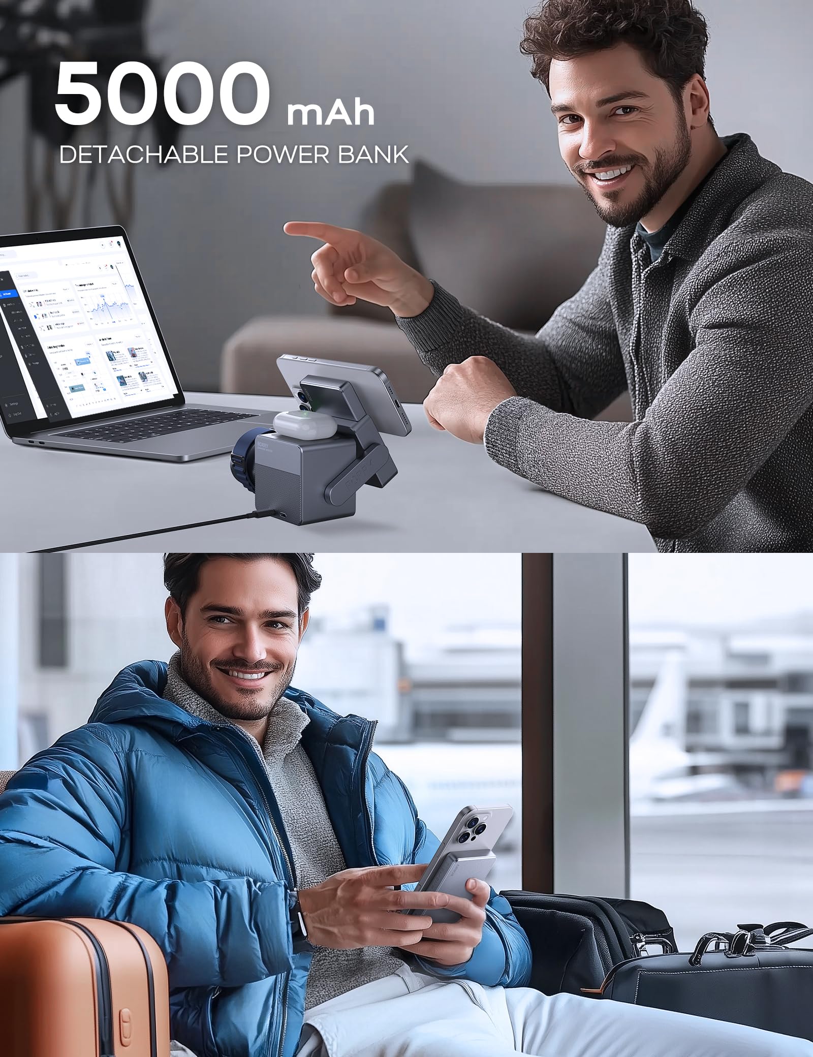 RORRY 3 in 1 Charging Station, for Magsafe Wireless Charger Stand with 5000mAh Power Bank for iPhone 17/16/15/14/13/12, for Apple Watch Ultra/11/10/9/8/7/6/5/4/SE, for AirPods, Metallic Grey - 5