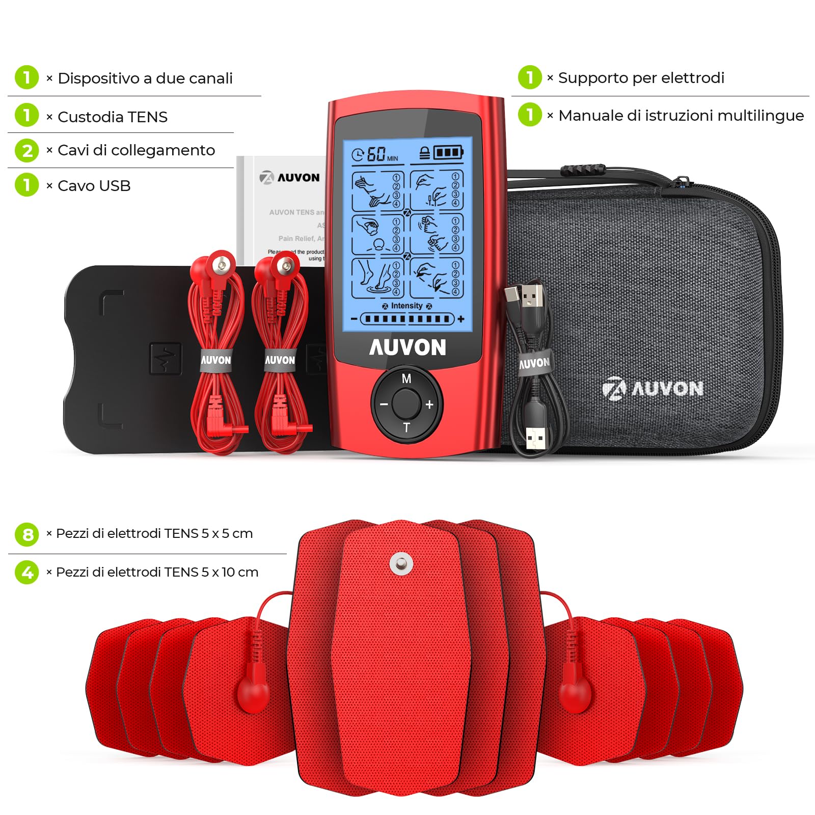 AUVON Elettrostimolatore muscolare con Case in EVA, TENS Elettrostimolatore ricaricabile per il trattamento del dolore con 24 Modalità di allenamento, 2 canali per elettrostimolatore, 12 elettrodi