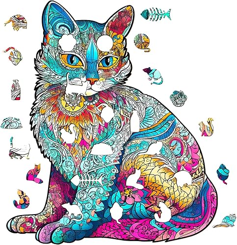 Miniatura 5 de Rompecabezas de madera para adultos, rompecabezas de madera de gato con formas únicas de rompecabezas de animales y caja de rompecabezas de madera,