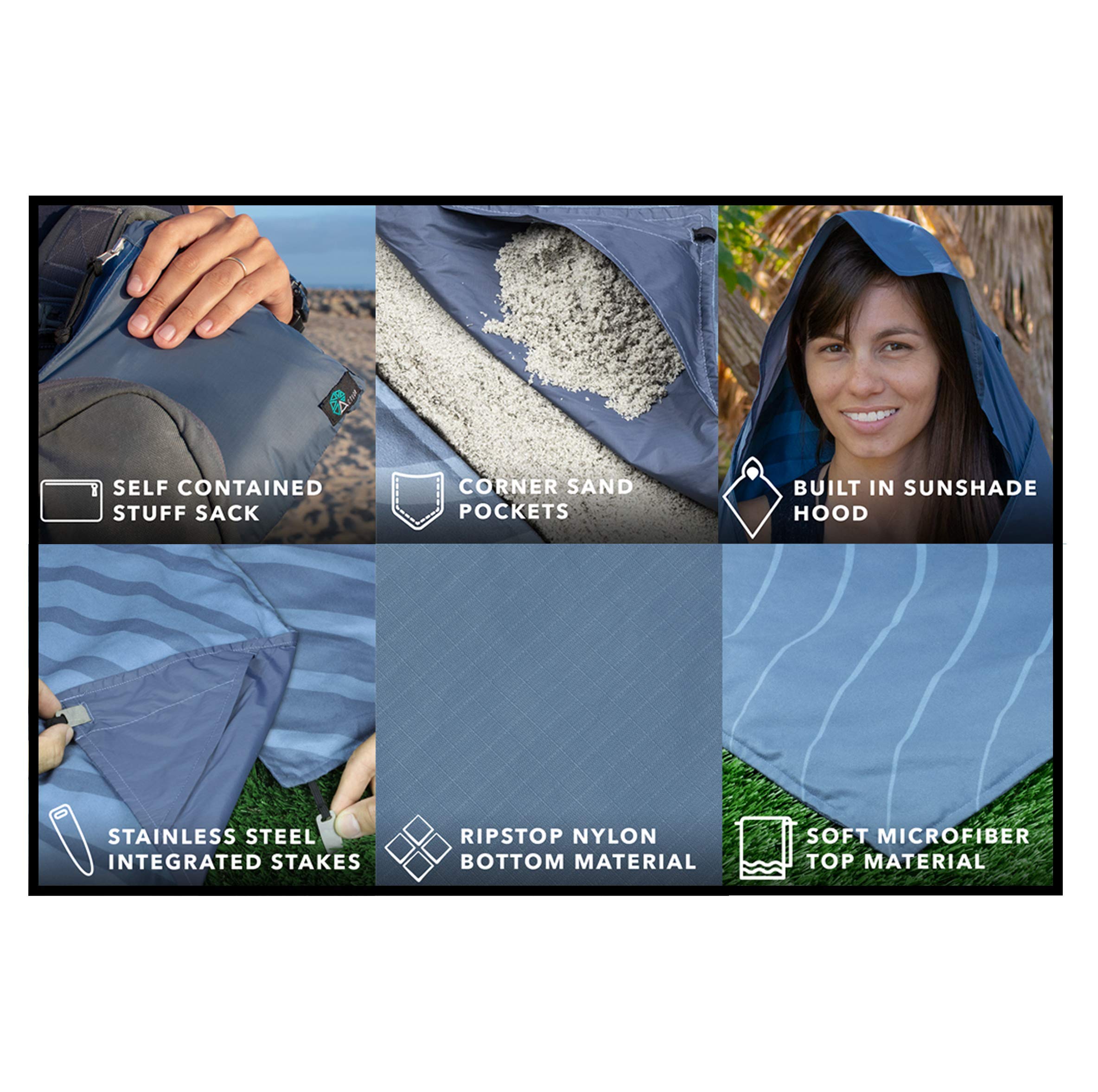 Acteon Sandproof Large Beach Blanket, XL Oversized Picnic Mat, Hidden Zip Pocket, Sand Pocket & Stainless Steel Stakes