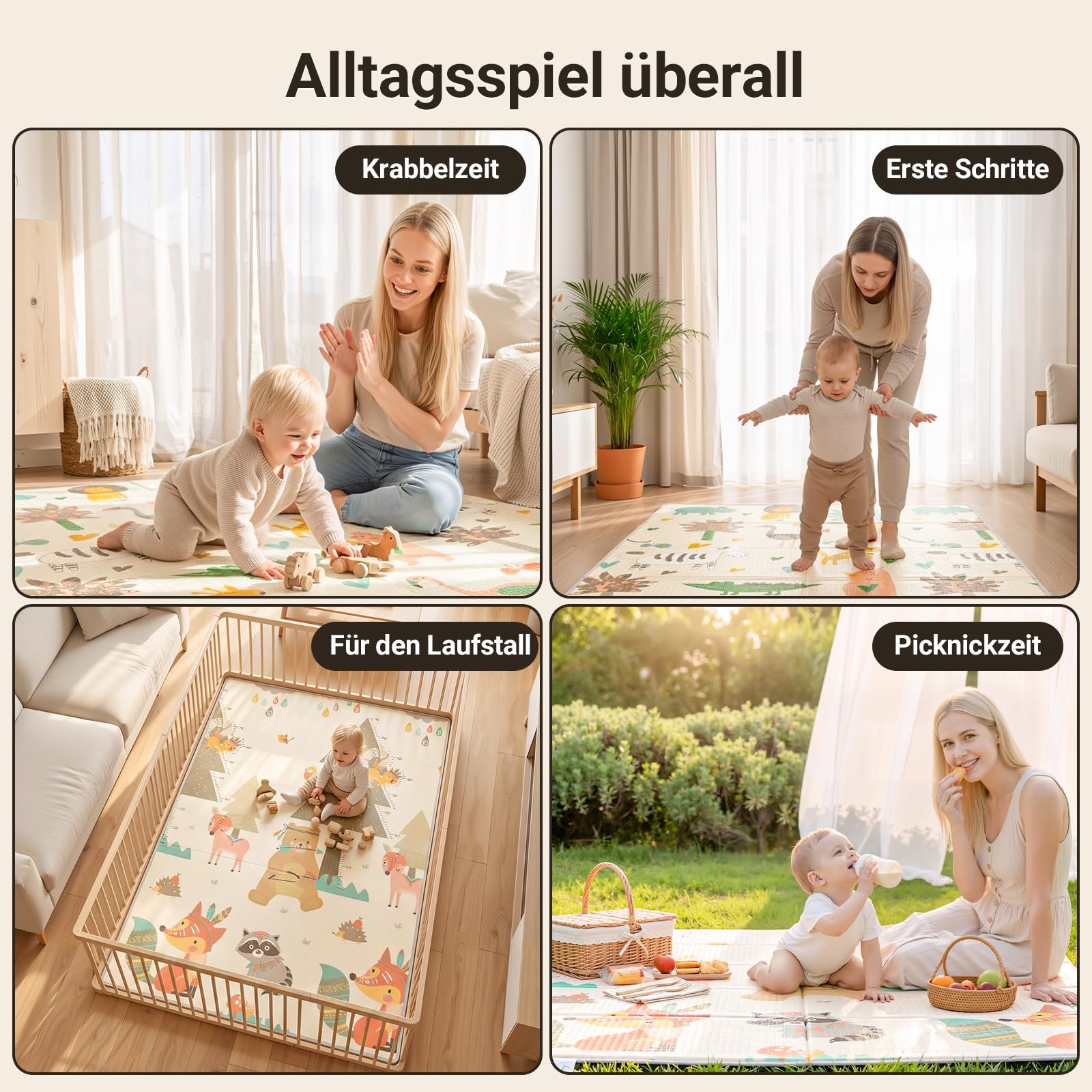COSYLAND Krabbelmatte Baby Faltbar 120x180x1cm - Doppelseitige XPE Spielmatte Baby mit Schlafenden Tieren & Fuchs Bär Motiven, Weiche Babymatte Spielteppich für Kinder, Babygeschenk