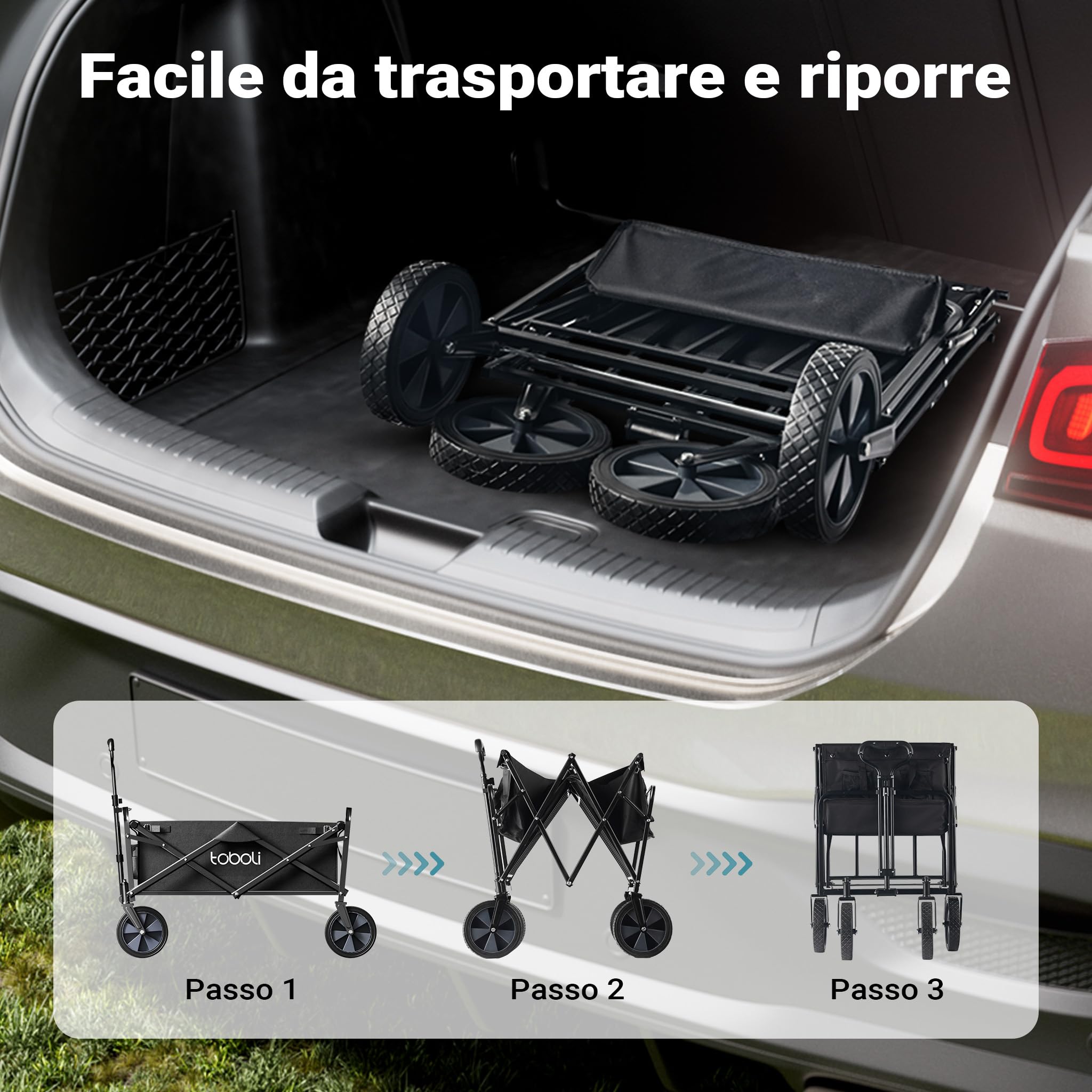 Carretto a mano pieghevole, max 100 kg, tessuto impermeabile nero e manico telescopico, Carrello spiaggia