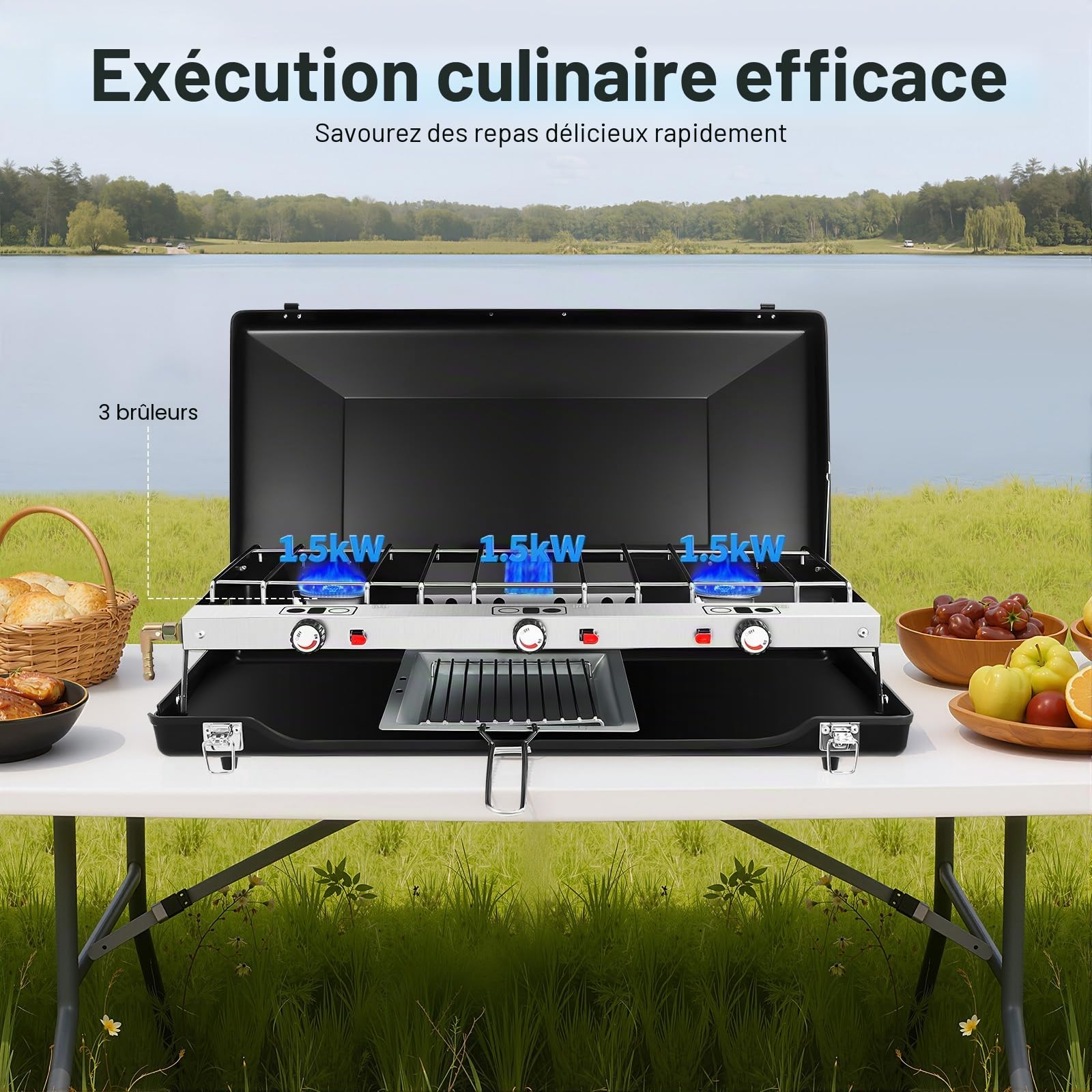 Réchaud à gaz de camping 3 brûleurs 4,5 kW portable pliable