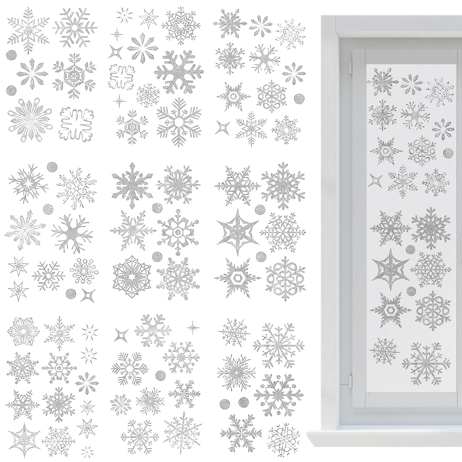 260 Pcs Christmas Window Stickers, Removable Christmas Snowflake Window Stickers, Reusable Xmas Windows Clings Decoration, Silver Snowflake Windows Sticker, for Xmas Display and Decor