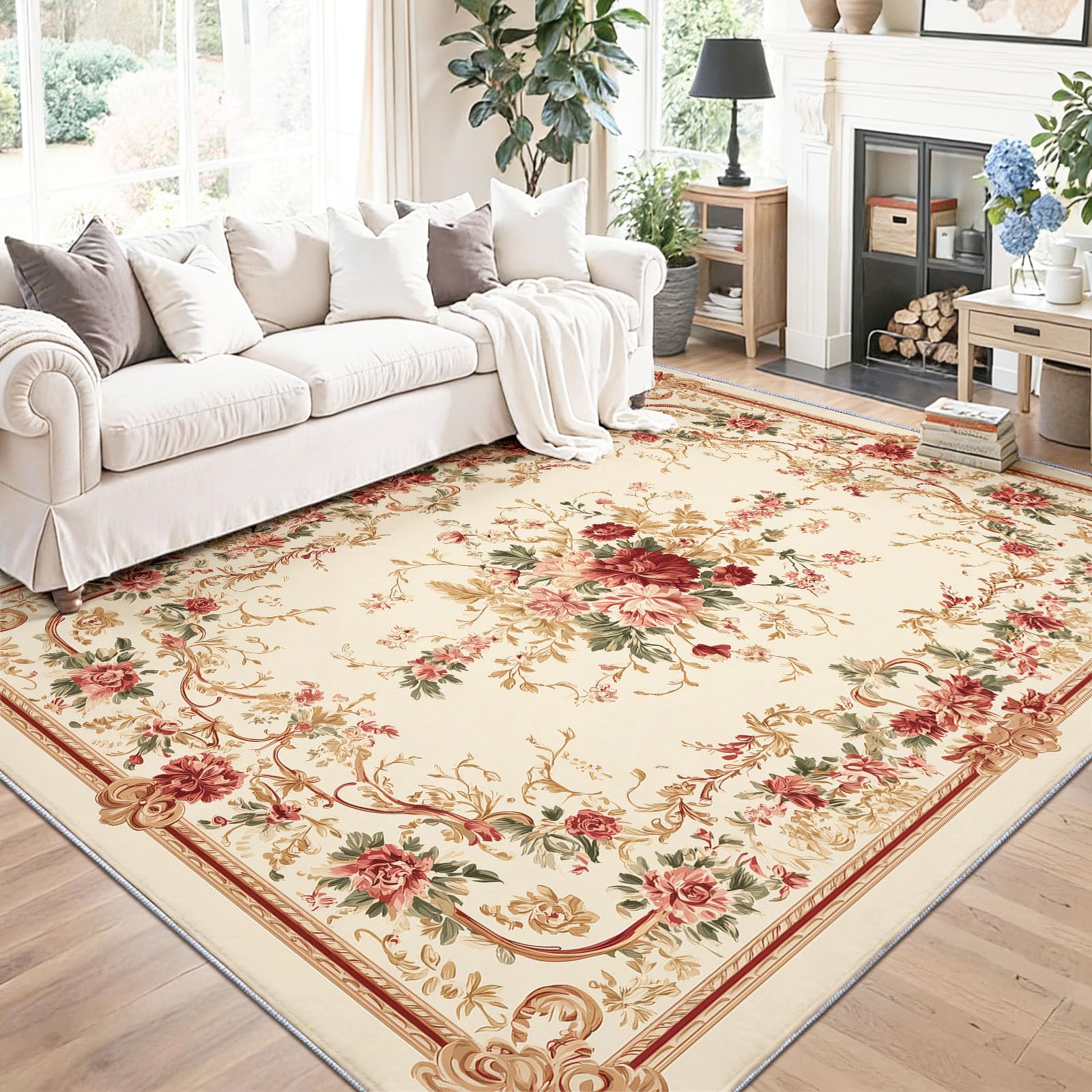Lavable Tapis Salon Vintage Luxe Jaune Clair