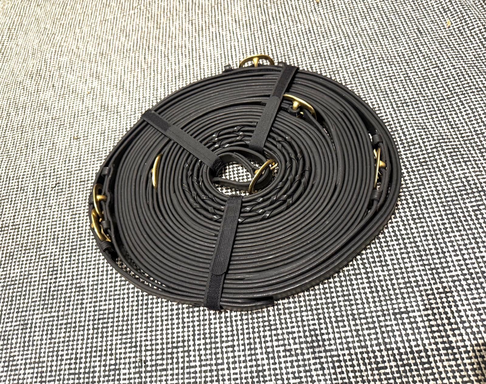 Clearance Double Driving Laced Reins – Black Leather Horse Driving Reins with Brass Buckles, 15ft (4.57m)