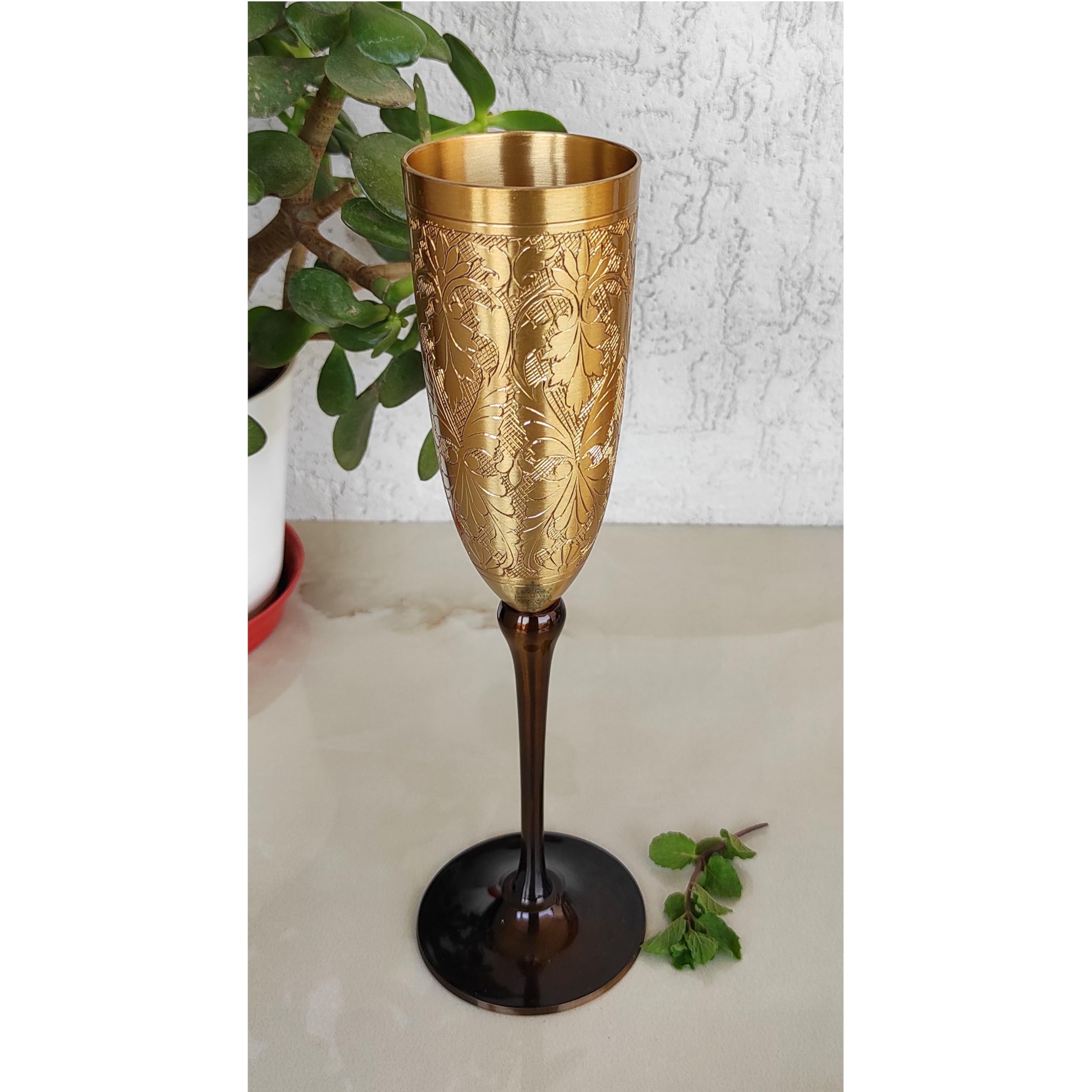 INDIAN ART VILLA Brass Matt Finish Embossed Design Flute Champagne Glass, Bareware, Bar Accessories & Tools for Bars, Catering Venues, Home, Office, Party, Hotels, Volume- 200 ML, Set of 2 2