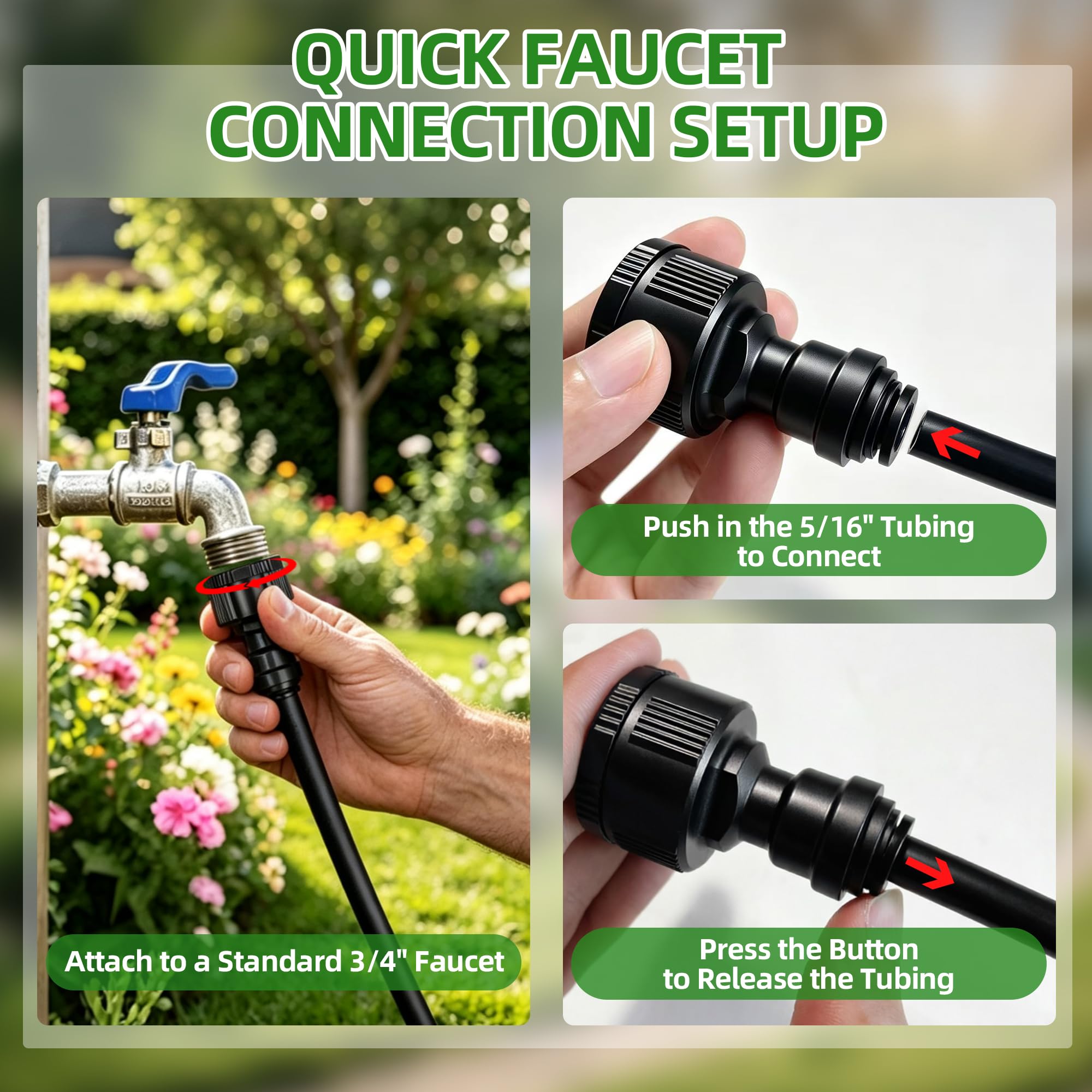 Paquete de 2 adaptadores de grifo de riego por goteo, grifo de 3/4 pulgadas a tubo de 5/16 pulgadas, conector de conexión rápida con tapa de extremo para sistema de riego de jardín