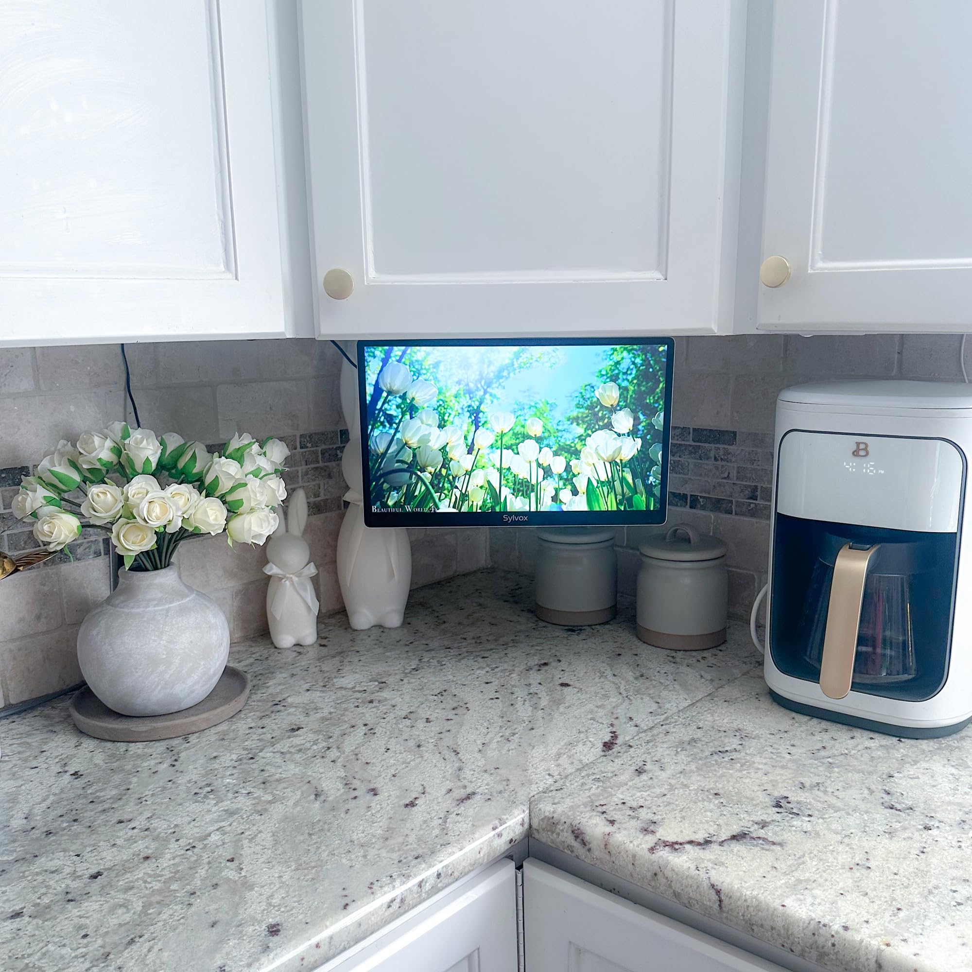 SYLVOX Televisor de Cocina, Mini Smart TV de 15.6 Pulgadas, 1080P Full HD Bajo Armario con Google TV y Sintonizador DVB-C/T2/S2, Televisor Compacto de 12V para Cocina, Habitación Infantil y Lavandería