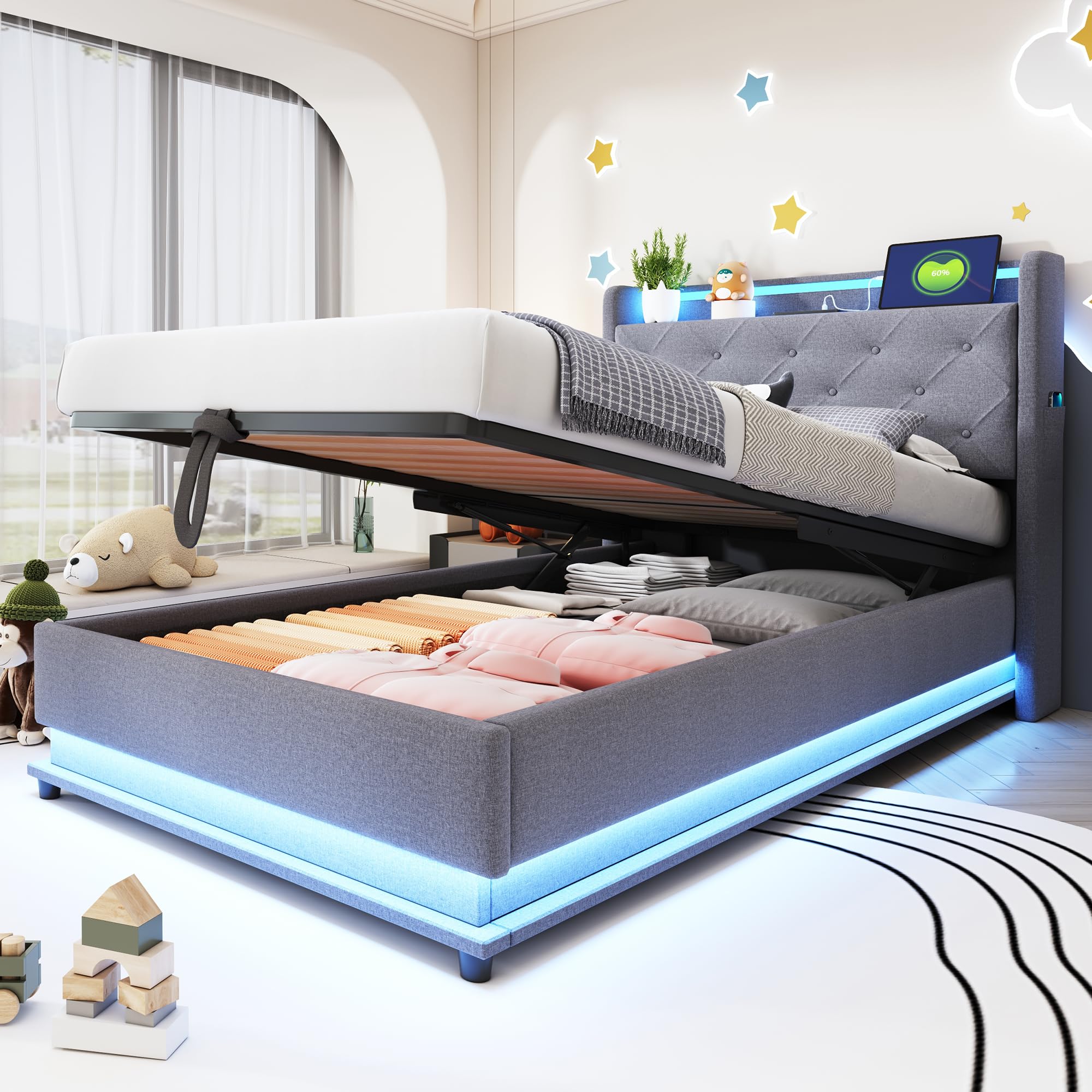 Letto Imbottito 90x200 cm, Letto Singolo per Bambini con LED Luci e USB Porta, Modern Struttura del Letti Idraulico con Contenitore Testiera, Tasca e Rete a Doghe, Lino,Senza Materasso (Grigio)