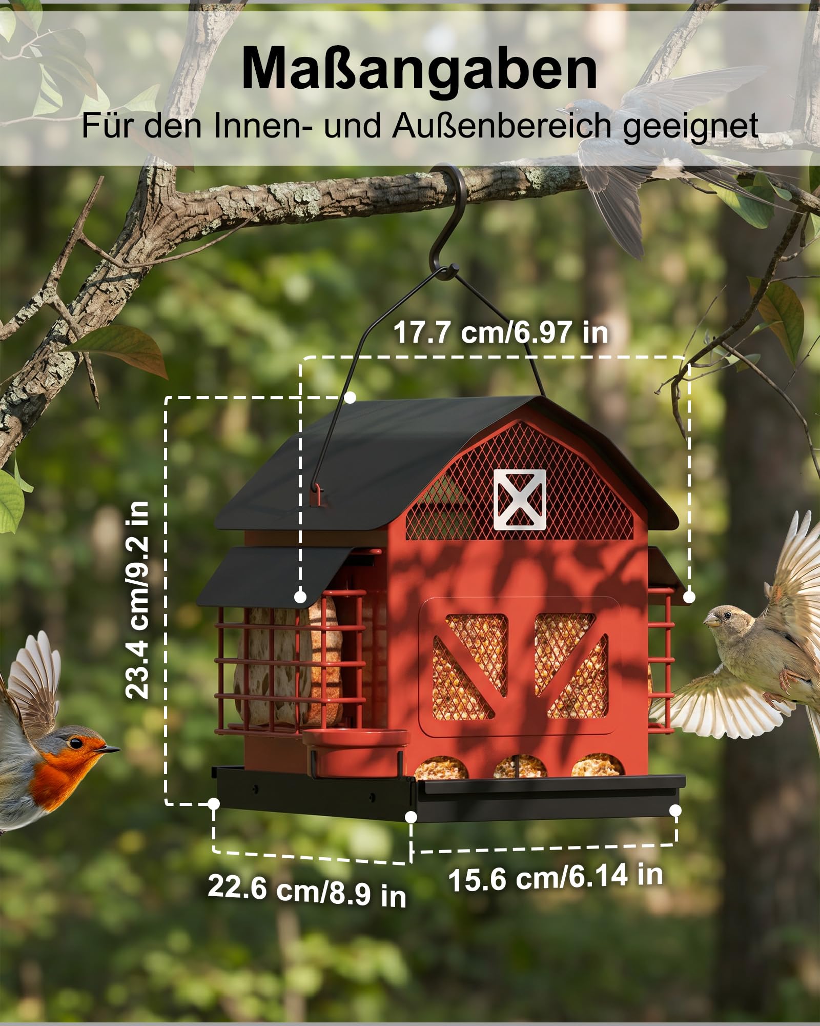 Mangeoire à oiseaux en métal résistant aux intempéries - En forme de maison - Noir/rouge - Avec deux cages à sueur - Mangeoire à suspendre pour jardin, balcon - Utilisation toute l'année