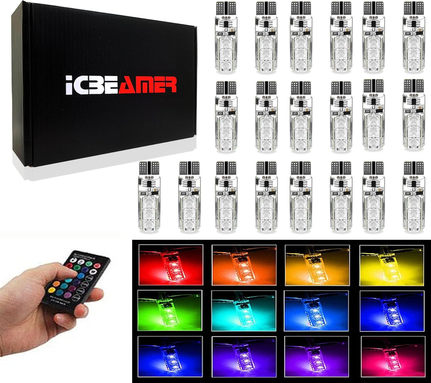ICBEAMER T10 RGB LED Bulb Width Light with Remote Control W5W 194 168 2825 Strobe Light 16 Colors COB Wedge for Car Interior Map Dome Door License Plate Light Reading Trunk Courtesy Lights (20 PCS)