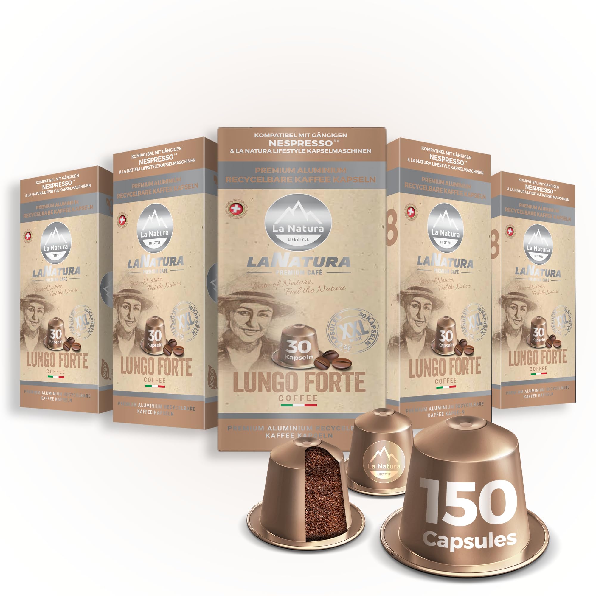 CAFÉ PREMIUM LUNGO FORTE | 150 Cápsulas de Café | Compatible con máquinas Nespresso* | Cápsulas 100% reciclables | Café con ácido fino, redondeado con sabor armonioso y discreto toque caramelo