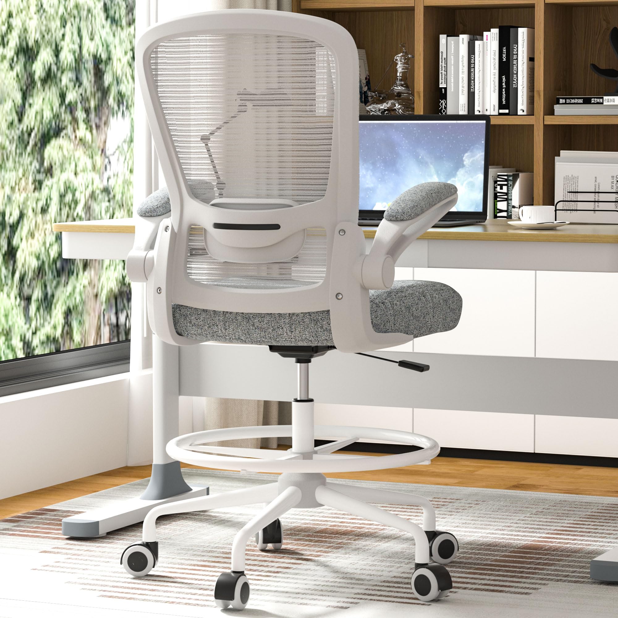 Mimoglad Drafting Chair Tall Home Office Chair with Flip-up Armrests and Adjustable Foot-Ring Computer Standing Desk Chair with Lumbar Support Breathable Mesh Swivel Rolling Chair for Working(Grey)