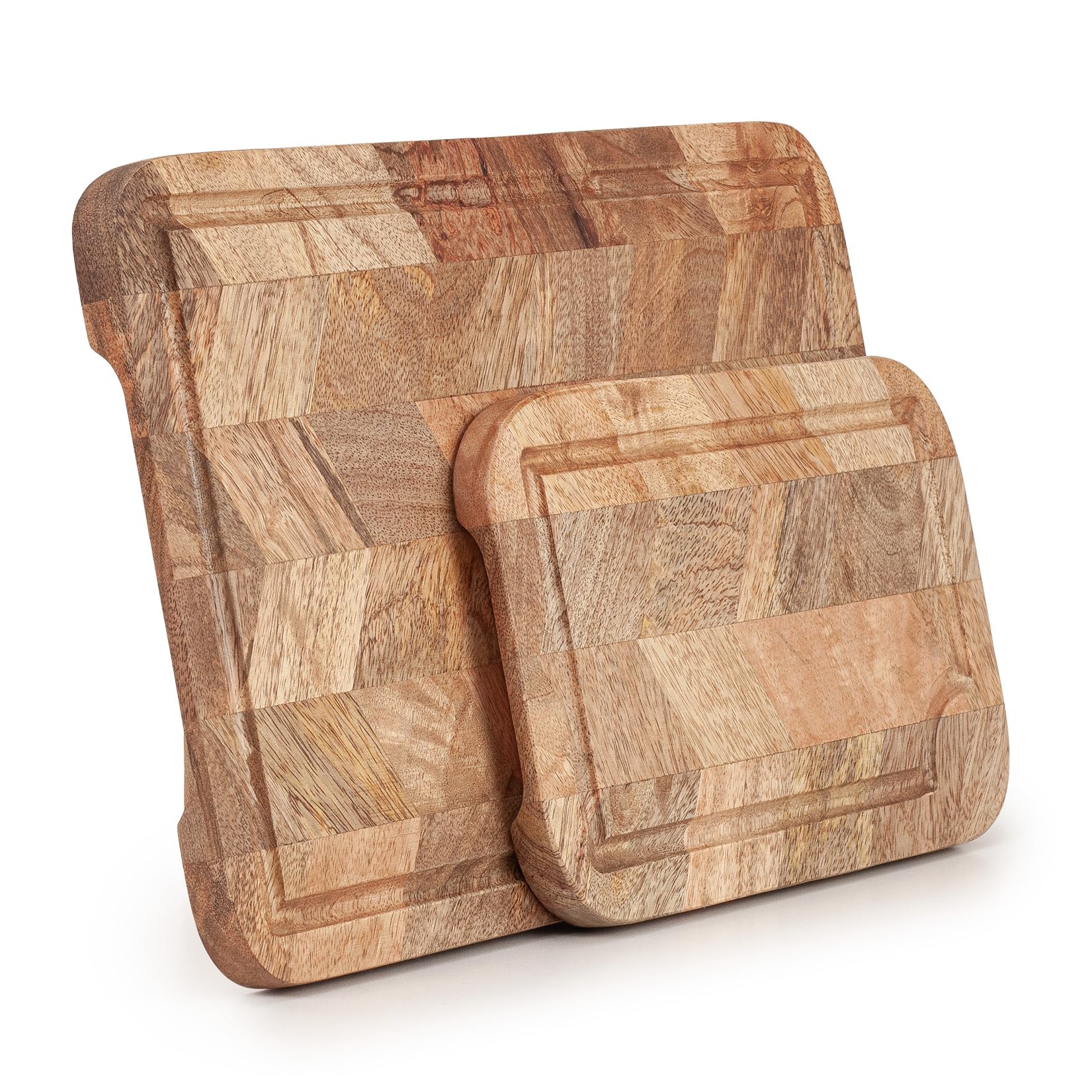 Woodluv Mango Wood Chopping Cutting Board Set of 2 - Strong, Durable & Hard Wearing Serving Chopping Board with Juice Grooves
