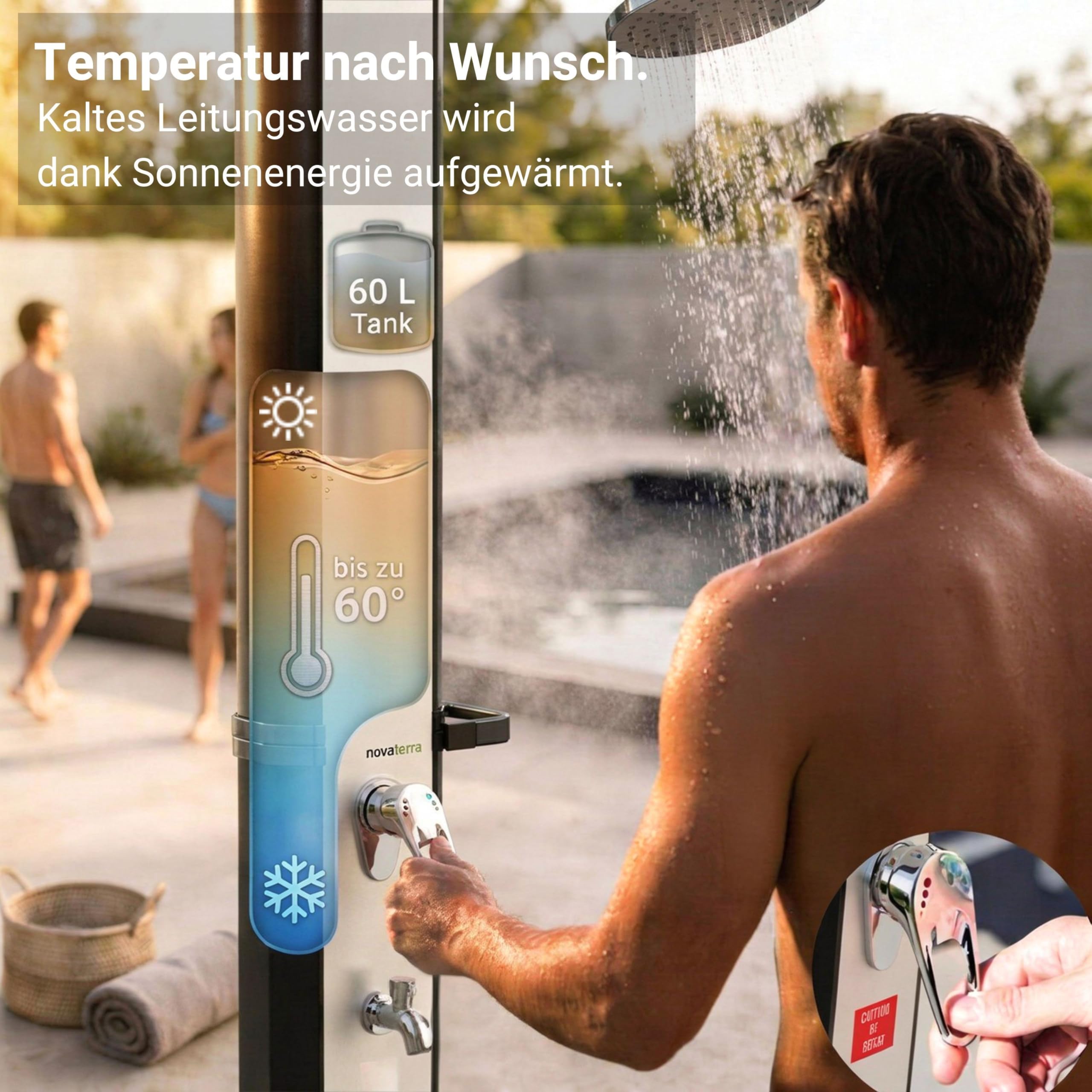 novaterra® Doccia solare nero/argento con serbatoio da 60 l, doccia da giardino con elemento a pavimento, soffione a pioggia, doccia a piedi, copertura protettiva e vassoio – Sistema doccia per