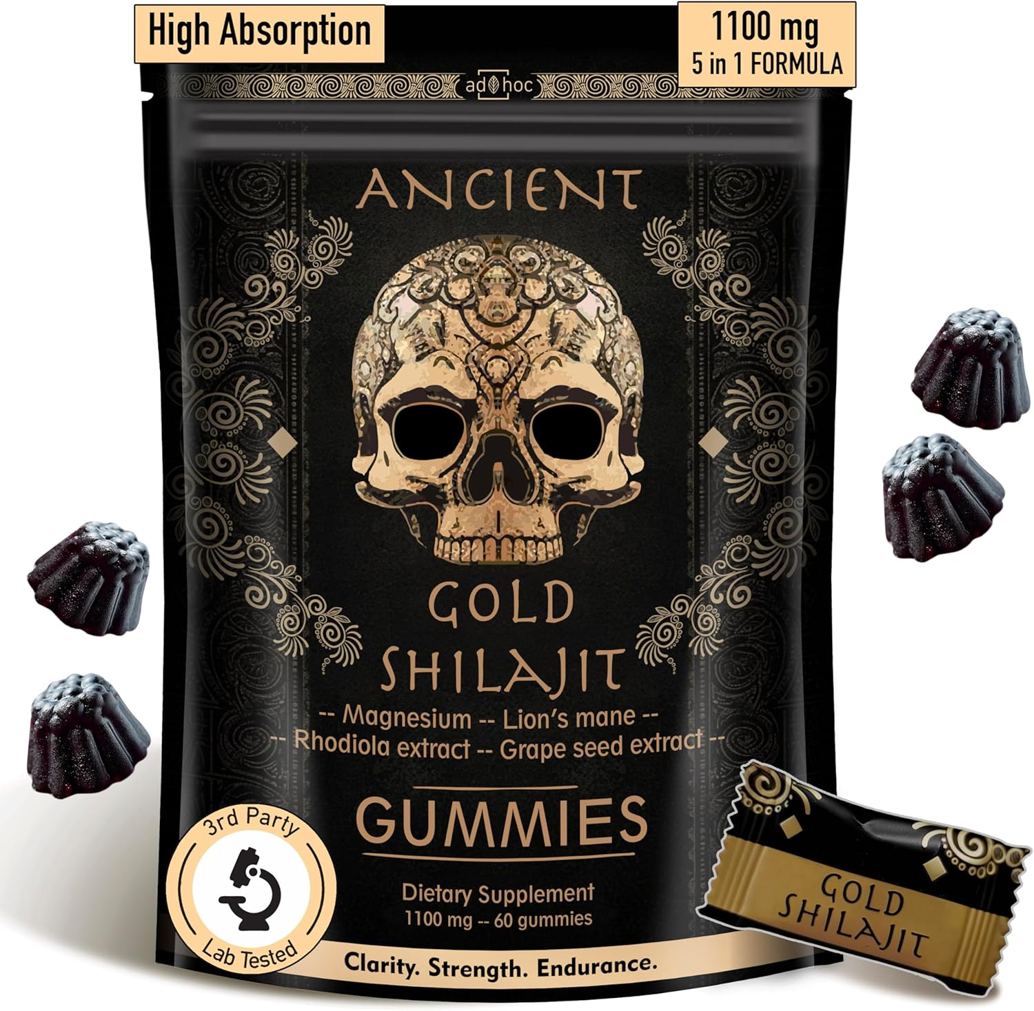 ad hoc 1100mg Gold Shilajit Gummies with Magnesium, Lions Mane, Rhodiola, Grape Seed - Himalayan Shilajit for Men Women, 85+ Trace Minerals & Fulvic Acid, Pure Shilajit for Energy Immune Support,60 Ct