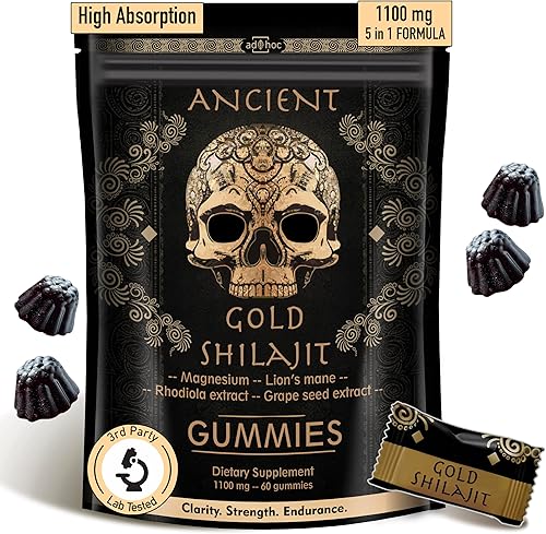ad hoc Gomitas Shilajit de oro de 1100 mg con magnesio, melena de león, rodiola, semilla de uva, shilajit del Himalaya para hombres y mujeres, más