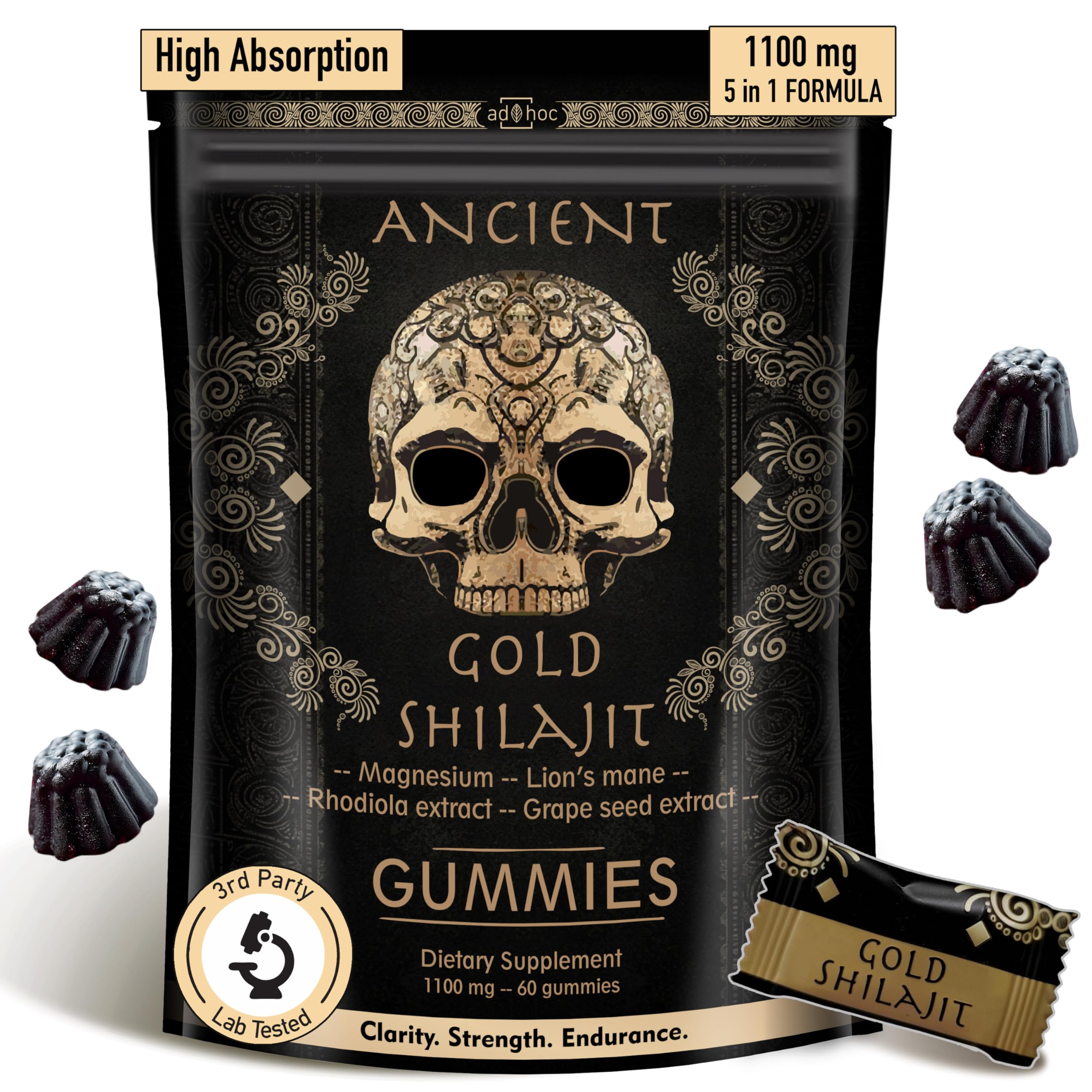 ad hoc 1100mg Gold Shilajit Gummies with Magnesium, Lions Mane, Rhodiola, Grape Seed - Himalayan Shilajit for Men Women, 85+ Trace Minerals & Fulvic Acid, Pure Shilajit for Energy Immune Support,60 Ct