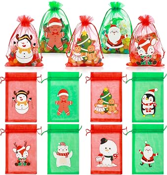 GoClimber 40 PCS Christmas Organza Bags 4X6 inches Organza Gift Bags with Drawstring Small Christmas Gift Bags for Goodie Candy Holiday Party Favors Decoration