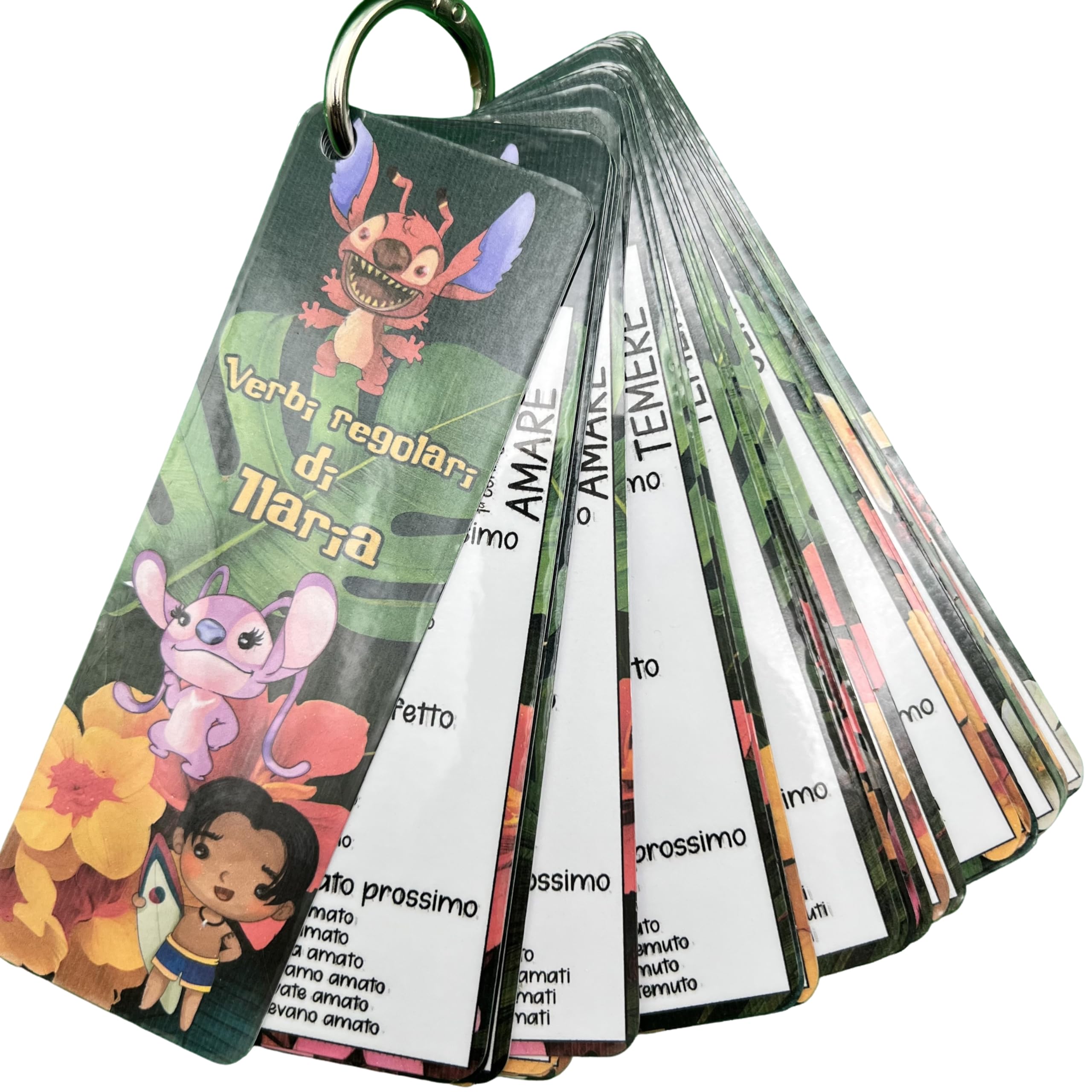 Schedine Verbi Regolari Personalizzate con Nome – Schede Didattiche Plastificate con Anello per Bambini – Personaggi Principesse, Maghi, Dinosauri, Fumetti – Scuola Primaria