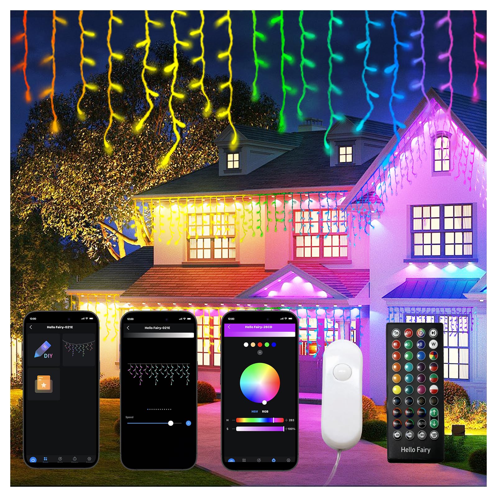 Luci natalizie intelligenti, 1,8 m, 598 LED RGB per esterni, 2 pezzi, app, sincronizzazione musica, timer per casa, vacanze, grondaie, decorazione per feste in giardino
