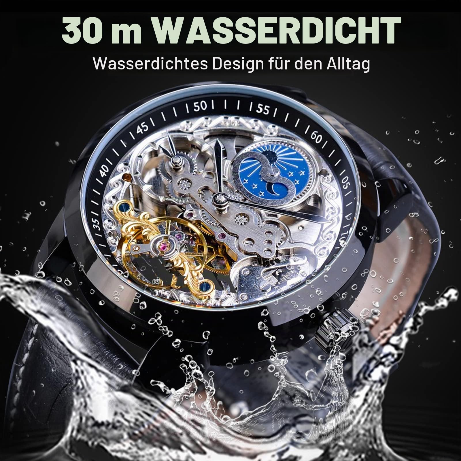 FORSINING Men's Skeleton Moon Phase Watch Mechanical Self-Wind Tourbillon Dual Time Zone Watches Automatic Luxury Leather Strap Large Dial Wristwatch