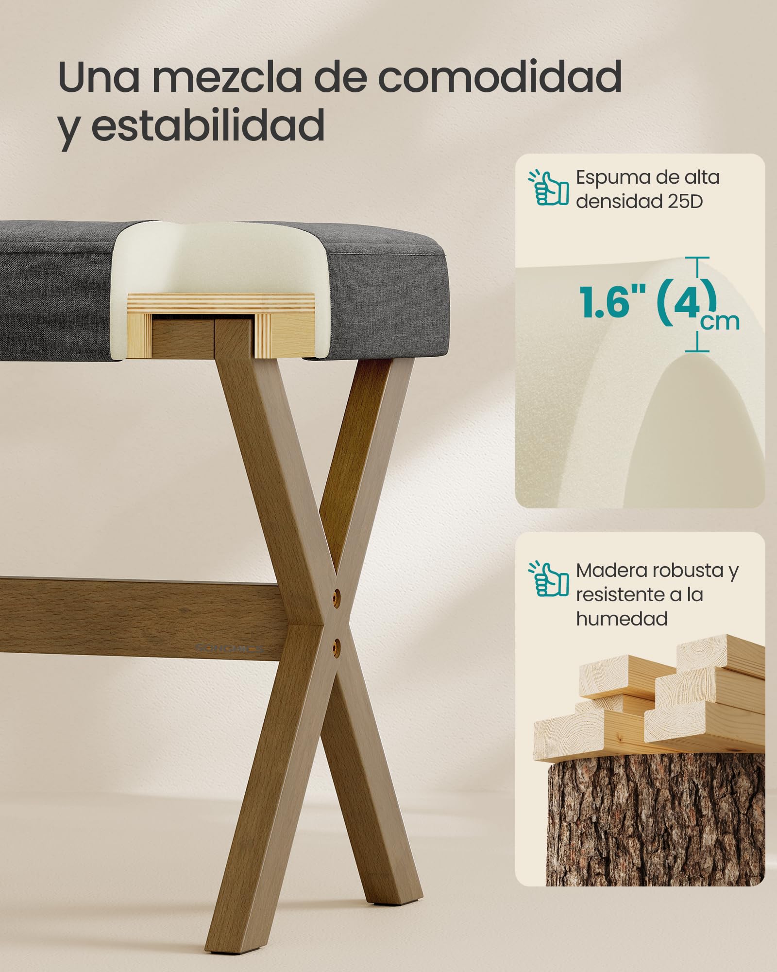 SONGMICS Taburete Tocador Acolchado Reposapiés 32x42x46 cm Gris Pizarra Marrón