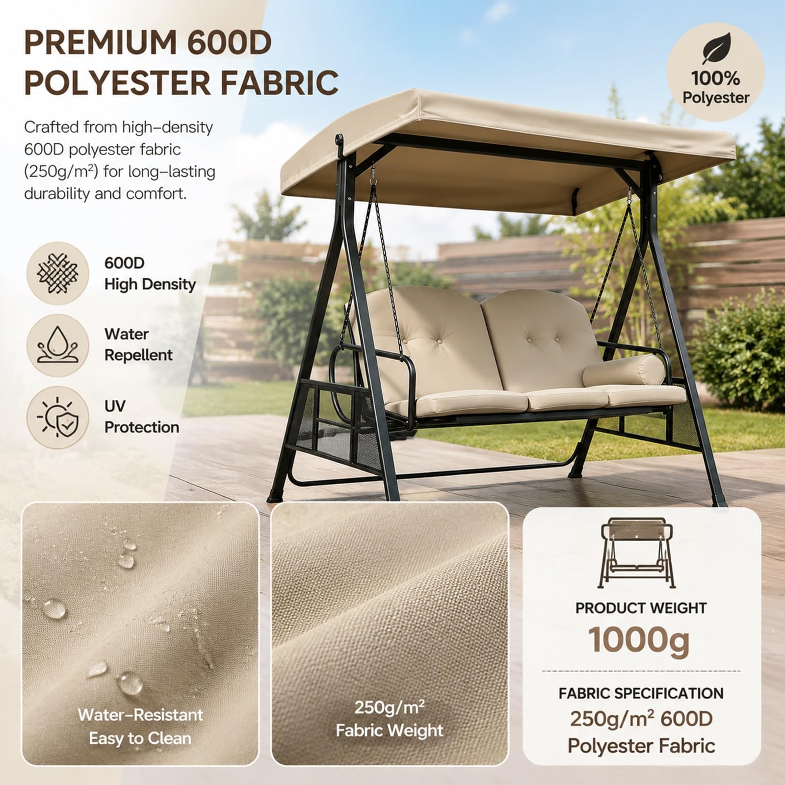 Copridondolo Telo Tetto per Dondolo da Giardino Resistente | Tessuto poliestere 600D 250g/m², resistente agli strappi, protezione solare, facile da pulire(59.8*48.8in)