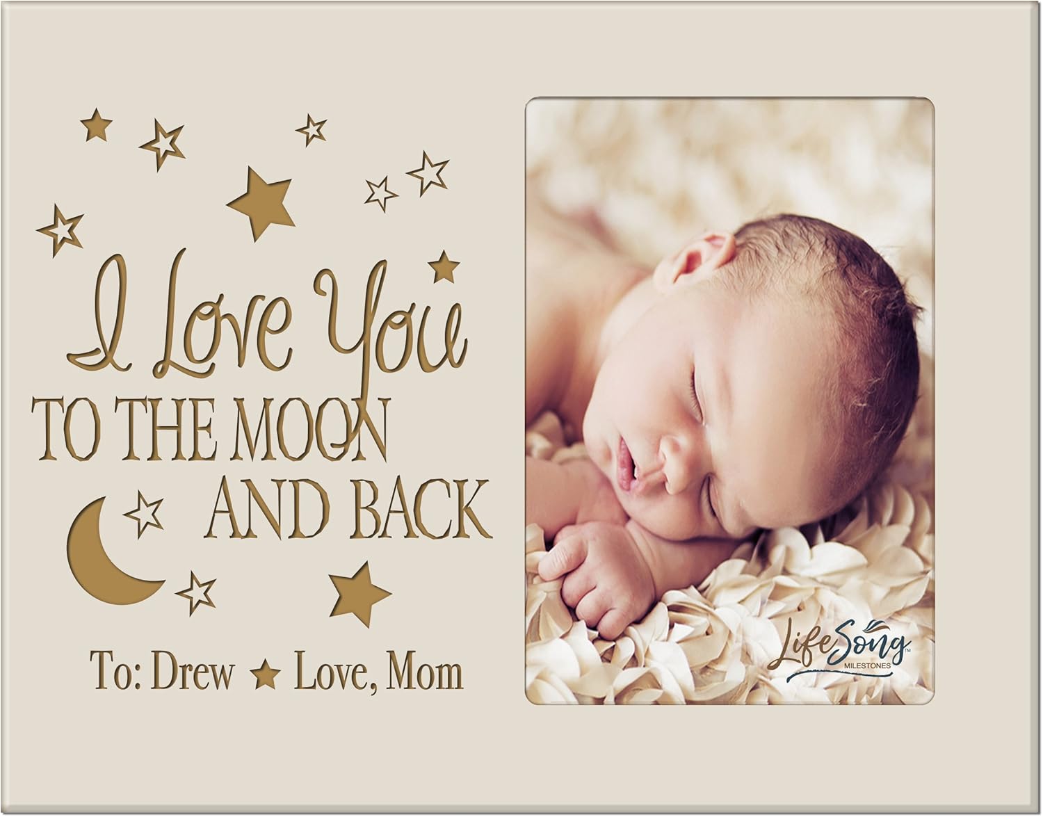 LifeSong Milestones Personalized Baby or Valentine’s Day Photo Frame Gift Custom Engraved Ideas for Couple I Love You to The Moon and Back Frame Holds 4 x 6 Picture (Pink)