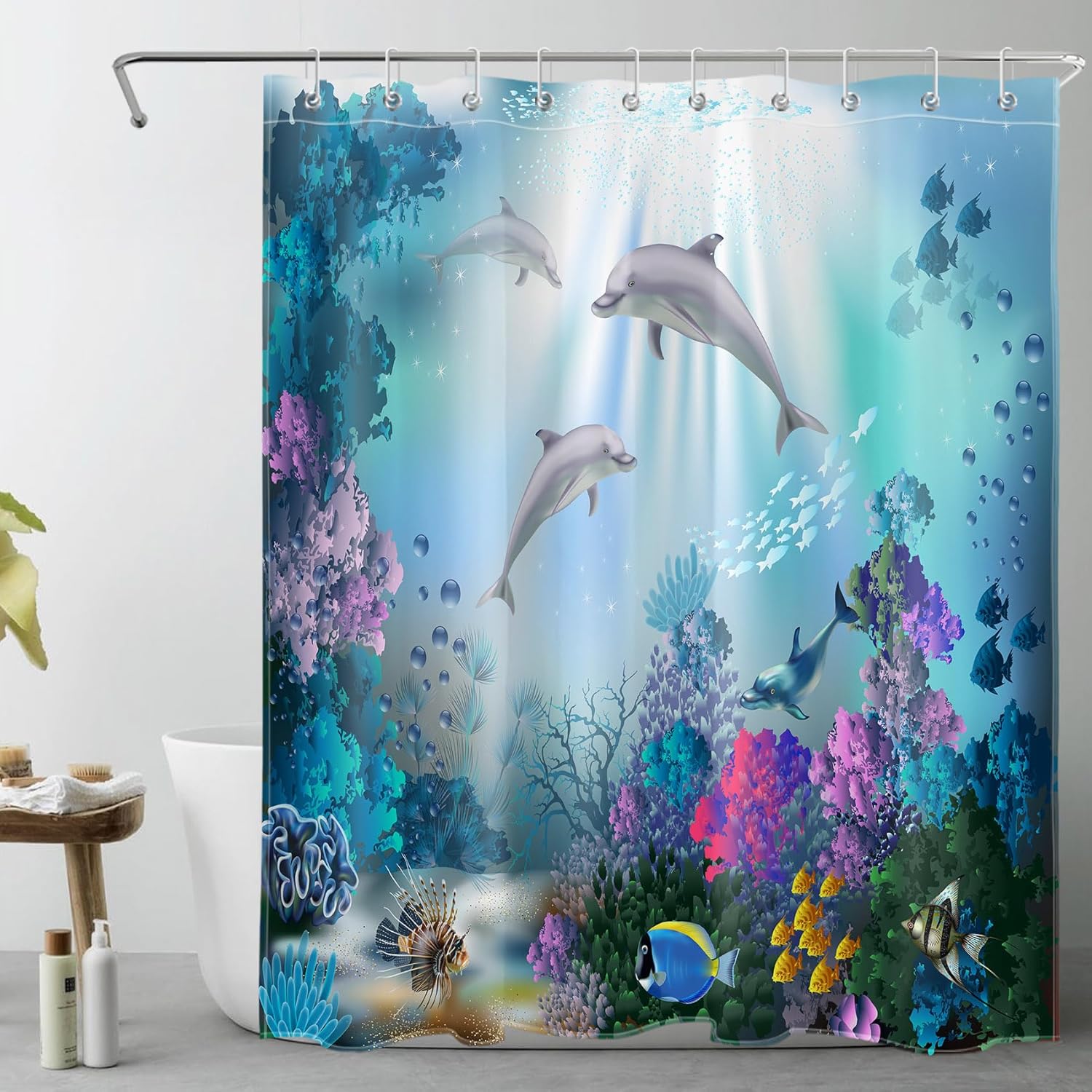 LB Dolphin Shower Curtain for Kids Adults Bathroom Curtain with Hooks Blue Ocean Underwater Fish Coral Reef Decorations 72x72 inch Waterproof Polyester Fabric