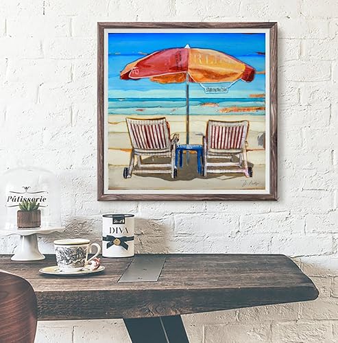 Miniatura 4 de Stylin By The Sea, Beach Umbrella and Chairs, Danny Phillips Art Print, Unframed, Recycled Beach Coastal Ocean Wall and Home Decor Poster, Mixed