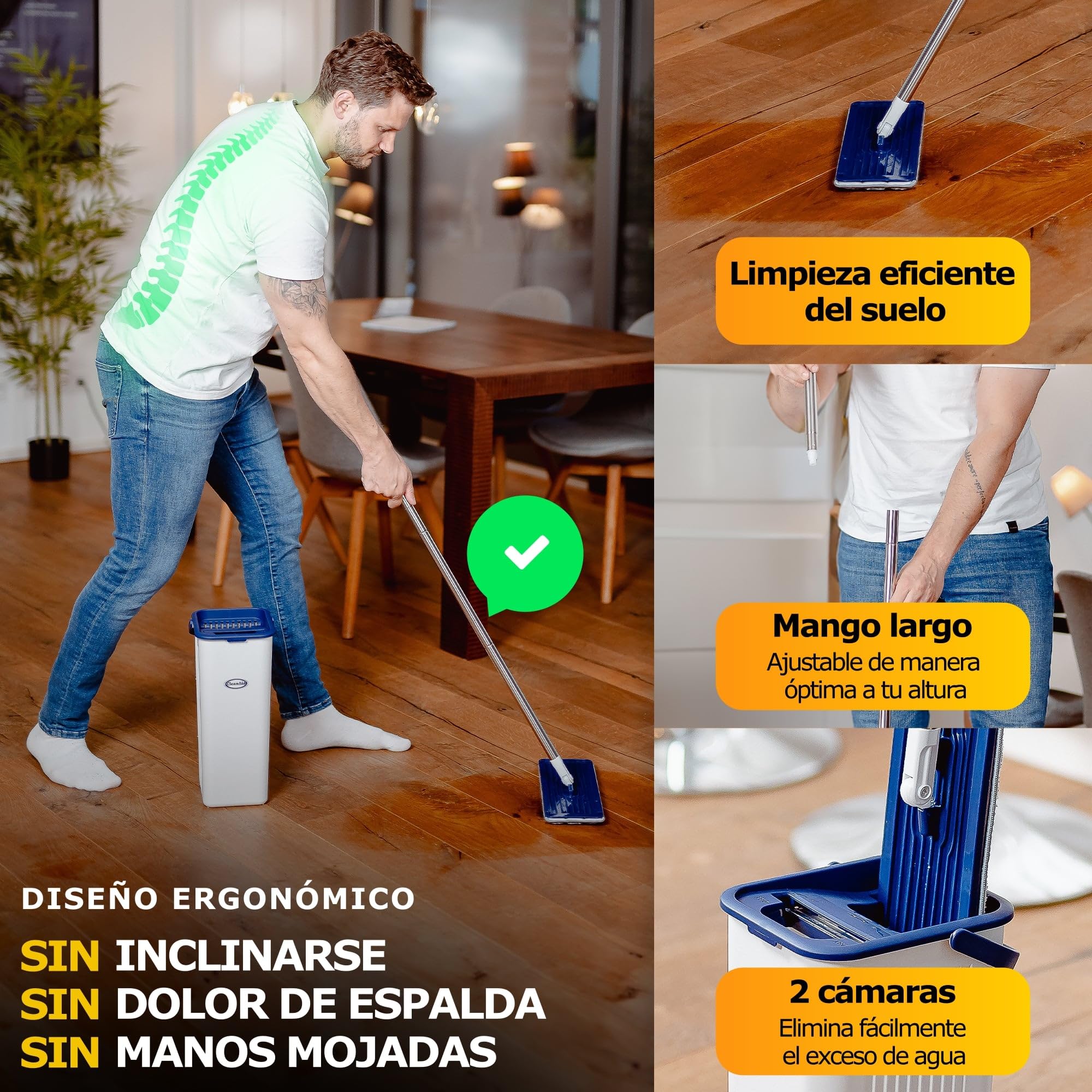 Formosa 2 - Kit de mopa y Cubo - Cabezal Plano de 360 °, cubeta para la mopa Compacto con escurridor, Mango Extra Largo de Acero Inoxidable de 155 cm - para Superficies Lisas