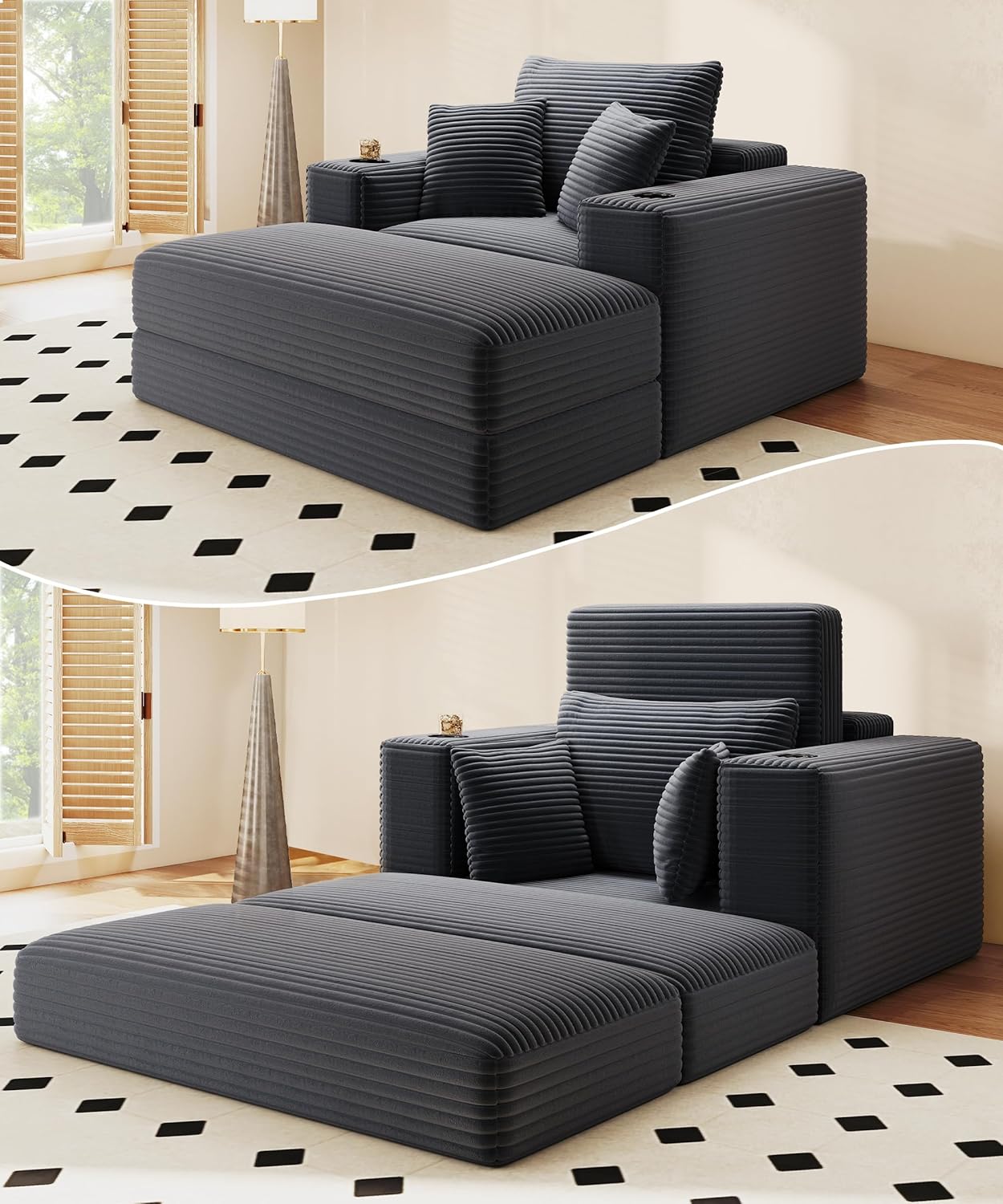 Image showing the chaise lounge in its compact chair configuration and extended sleeper bed configuration.