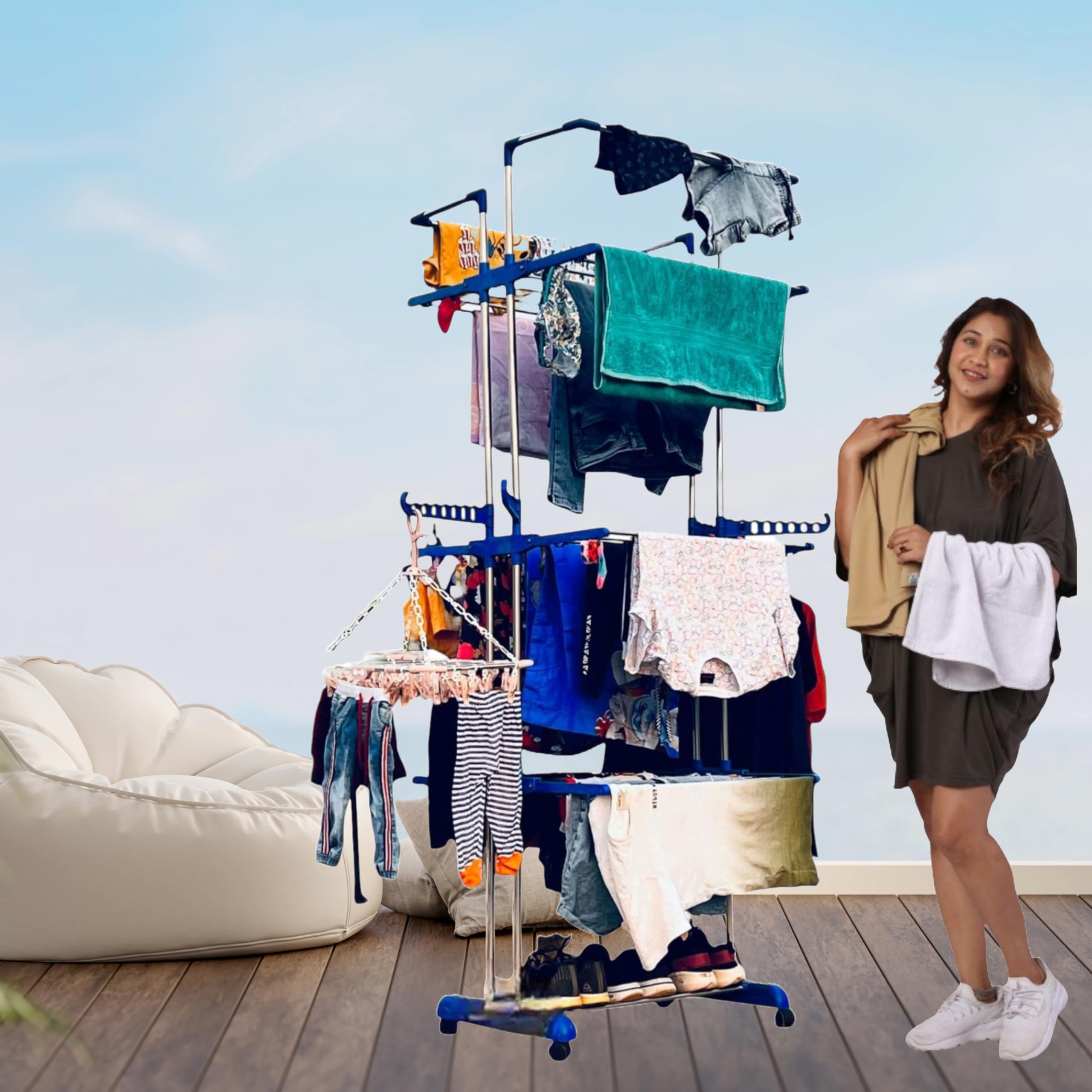 TNC Cloth Drying Rack Stand – Blue, Jumbo 2 Pole 3-Tier Rack | Indoor & Outdoor Laundry Rack for Home Use | Foldable Wings | Portable with Wheels | Jumbo-image-38