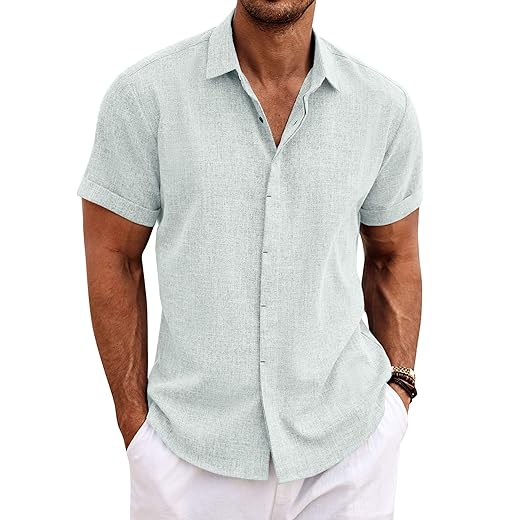 COOFANDY Men's Linen Shirts Short Sleeve Casual Shirts Button Down Shirt for Men Beach Summer Wedding Shirt
