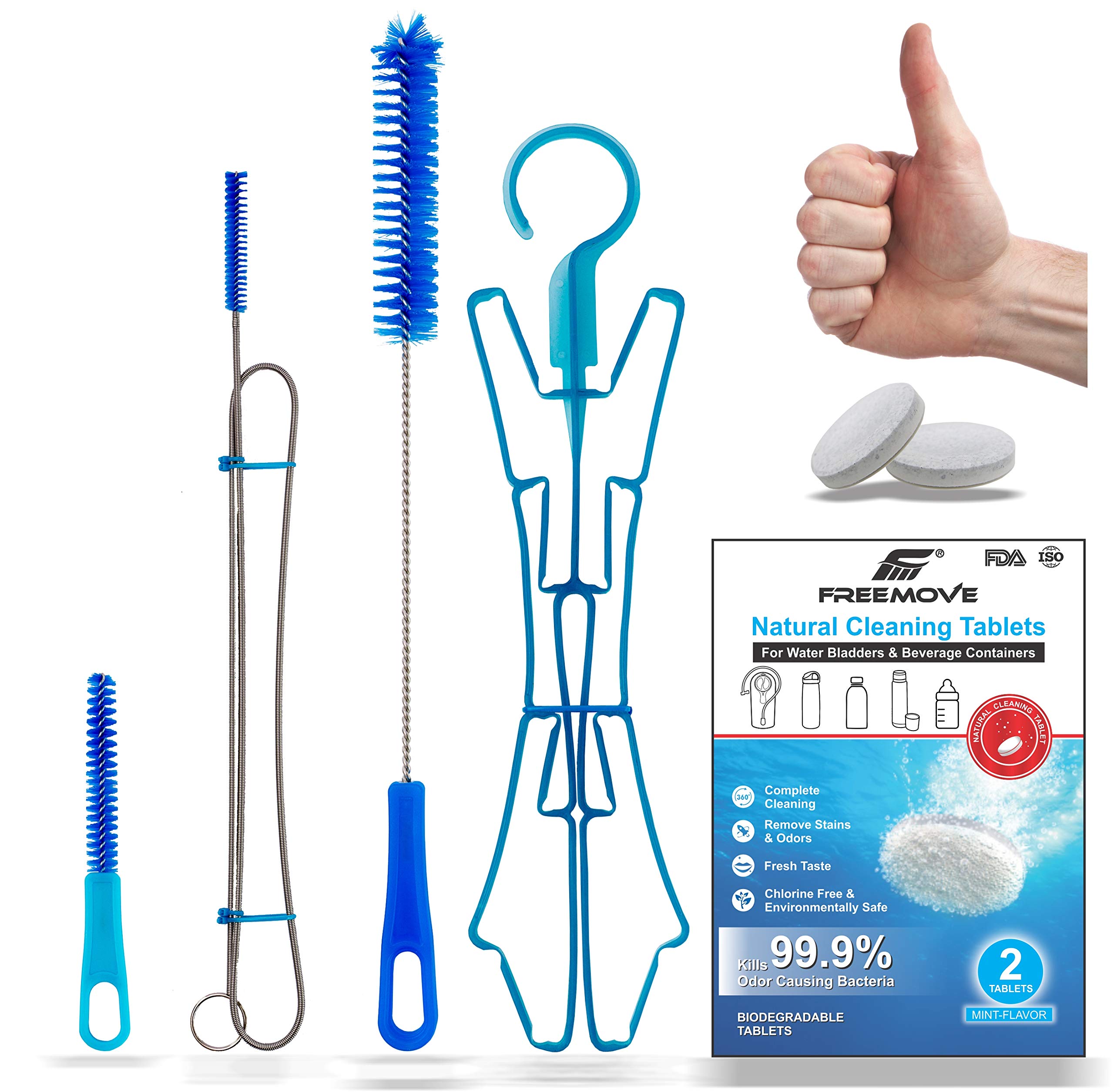 Hydration Bladder Cleaning Kit 6in1 - Suitable for 2L, 3L and All Other Water Bladders - Camelback Backpack Bladder Cleaner Kit with 3 Cleaning Brushes, Drying Hanger, Carry Bag & 2 Cleaning Tablets