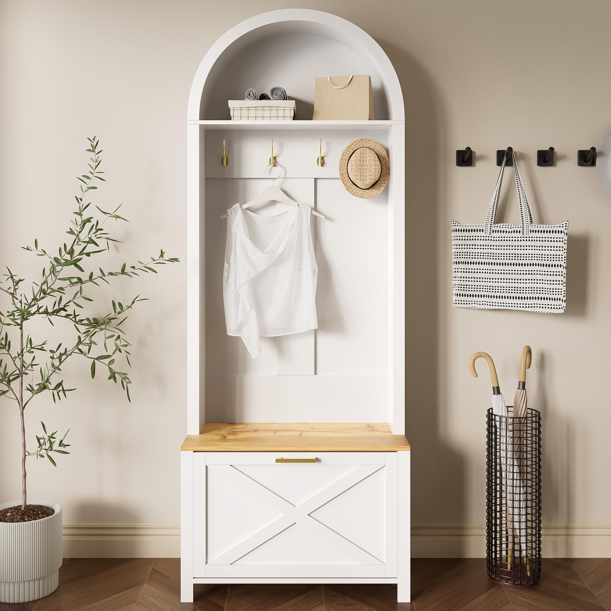 Merax Garderobe Set, Kompaktgarderobe mit Schuhregal, Ablage & Haken, 75x35x195 cm, Weiß