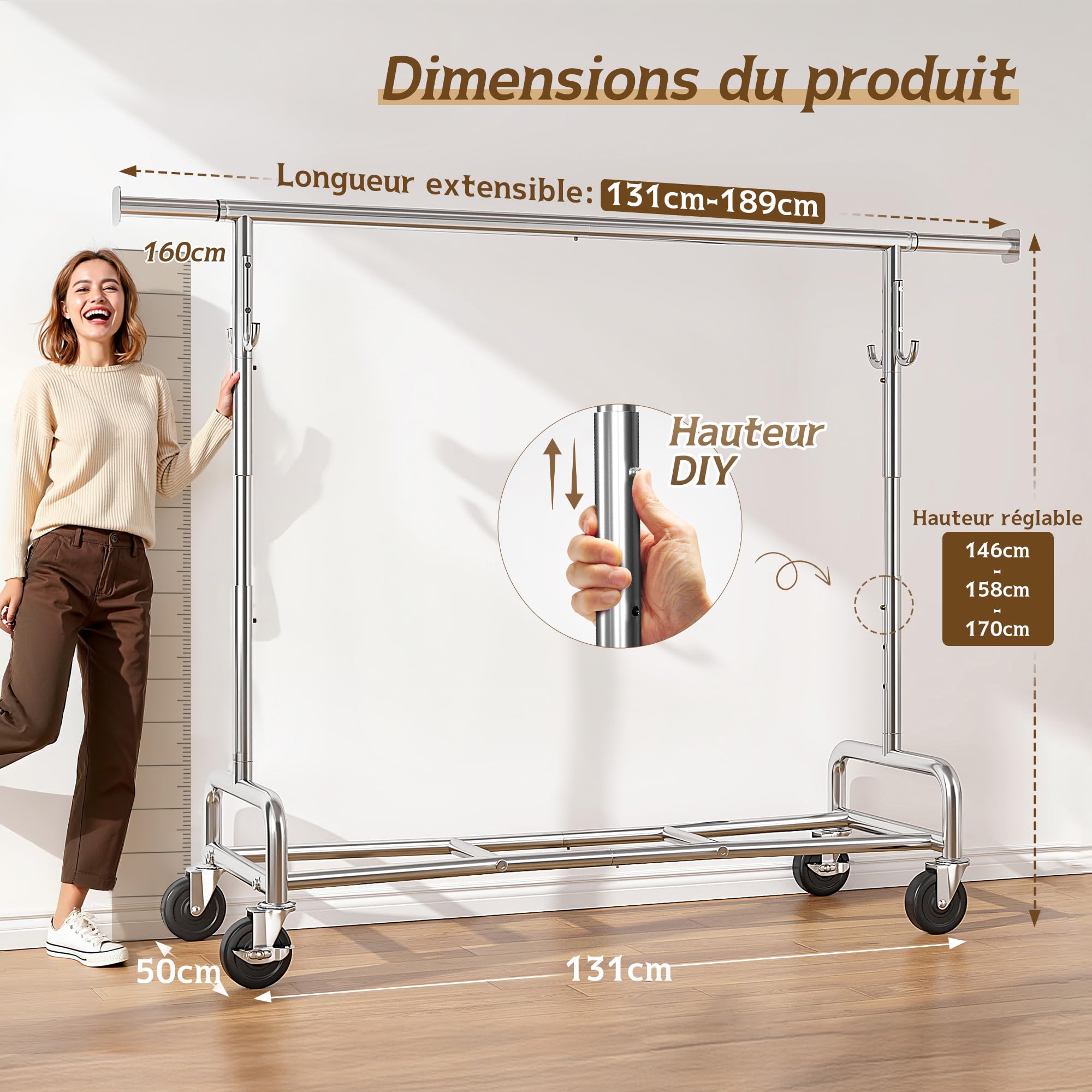 131–189cm Extensible Portant Vetement Solide à Roulettes, Argenté | 140KG Capacité de Charge, 146-170cm réglable en hauteur, Portant a Vetements Convient pour Manteaux,Vestes d'hiver,Chemises