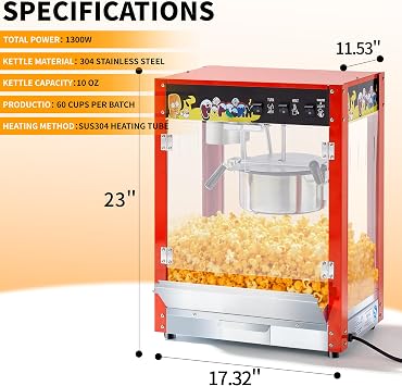Popcorn Maker Machine, 10 Oz Kettle, 1300W Countertop Popcorn Maker for 60 Cups per Batch, Movie Theater Popcorn Popper with 3-Switch Control, 2 Scoops 1 Cup, Red (17.32''L*11.53''W*23''H)