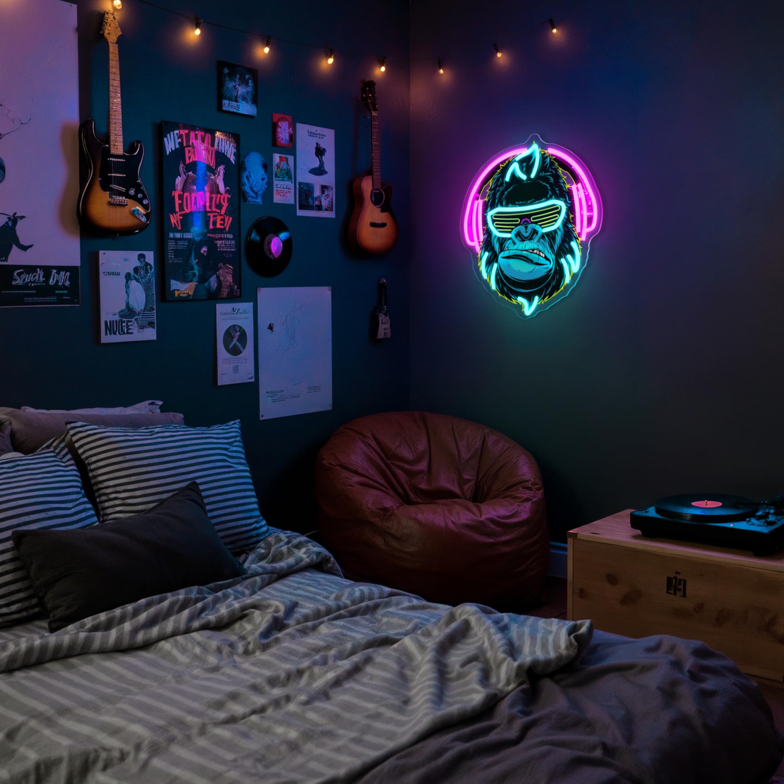Auriculares, letrero de neón con luz LED Kong regulable para decoración de pared, sala de juegos, cueva de hombre, decoración de bar, fiesta en casa, letrero LED alimentado por USB