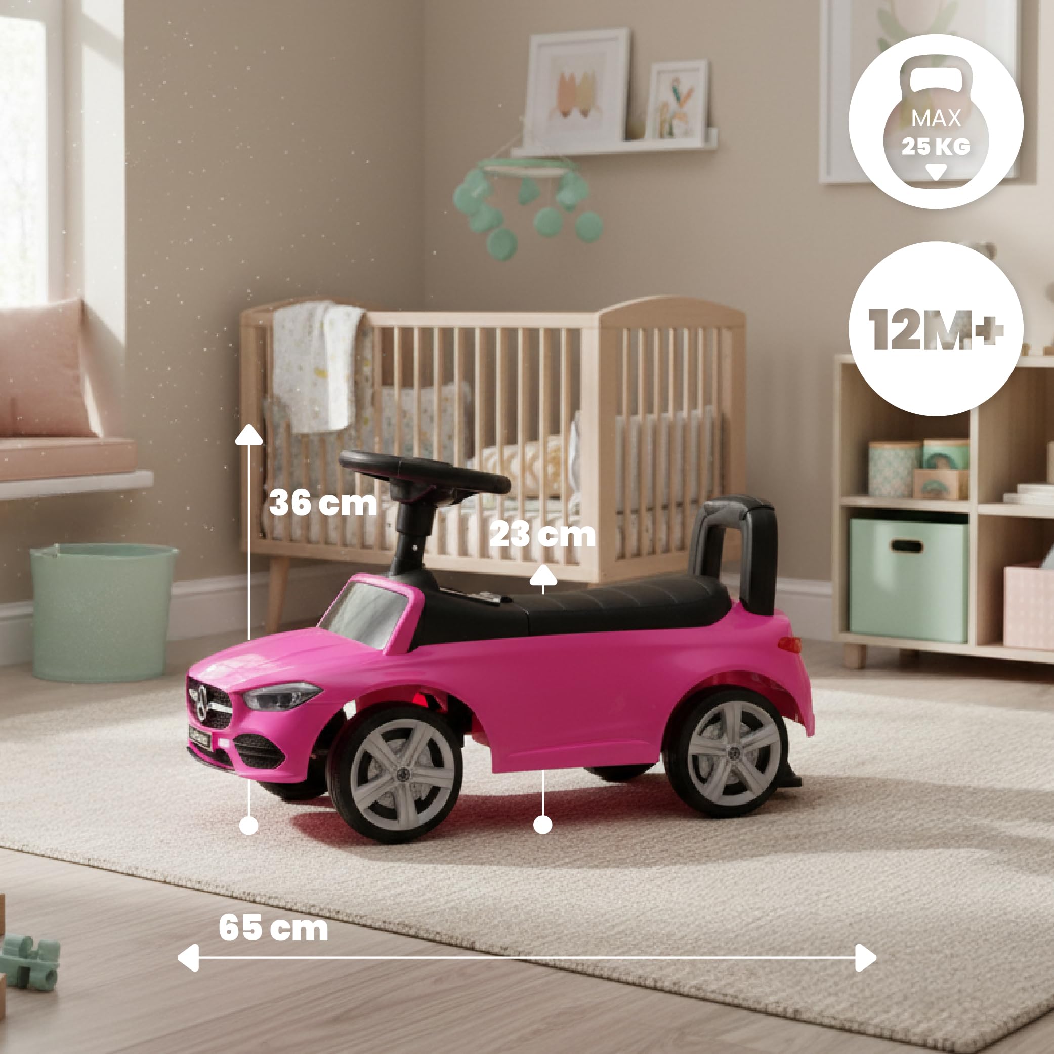 sun baby Rutschauto ab 1 Jahr Mercedes C-Class, Kinderfahrzeug für Jungen und Mädchen mit Audio-Lenkrad, Ablagefach, Kippschutz (Rosa)