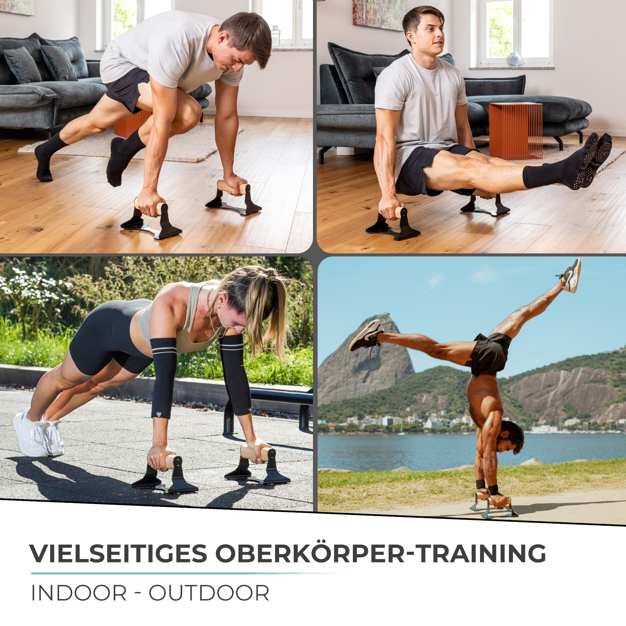 PULLUP & DIP Liegestützgriffe mit ergonomischem Holz Griff und hochbelastbarem Stahl - Rutschfeste Push-Up bars Handstandbarren für Krafttraining und Calisthenics