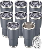 CoolYoleb 30oz Stainless Steel Tumbler Set of 8 - Vacuum Insulated Leak-Proof Travel Mugs, Powder Coated, Keeps Cold 12 Hours Gray